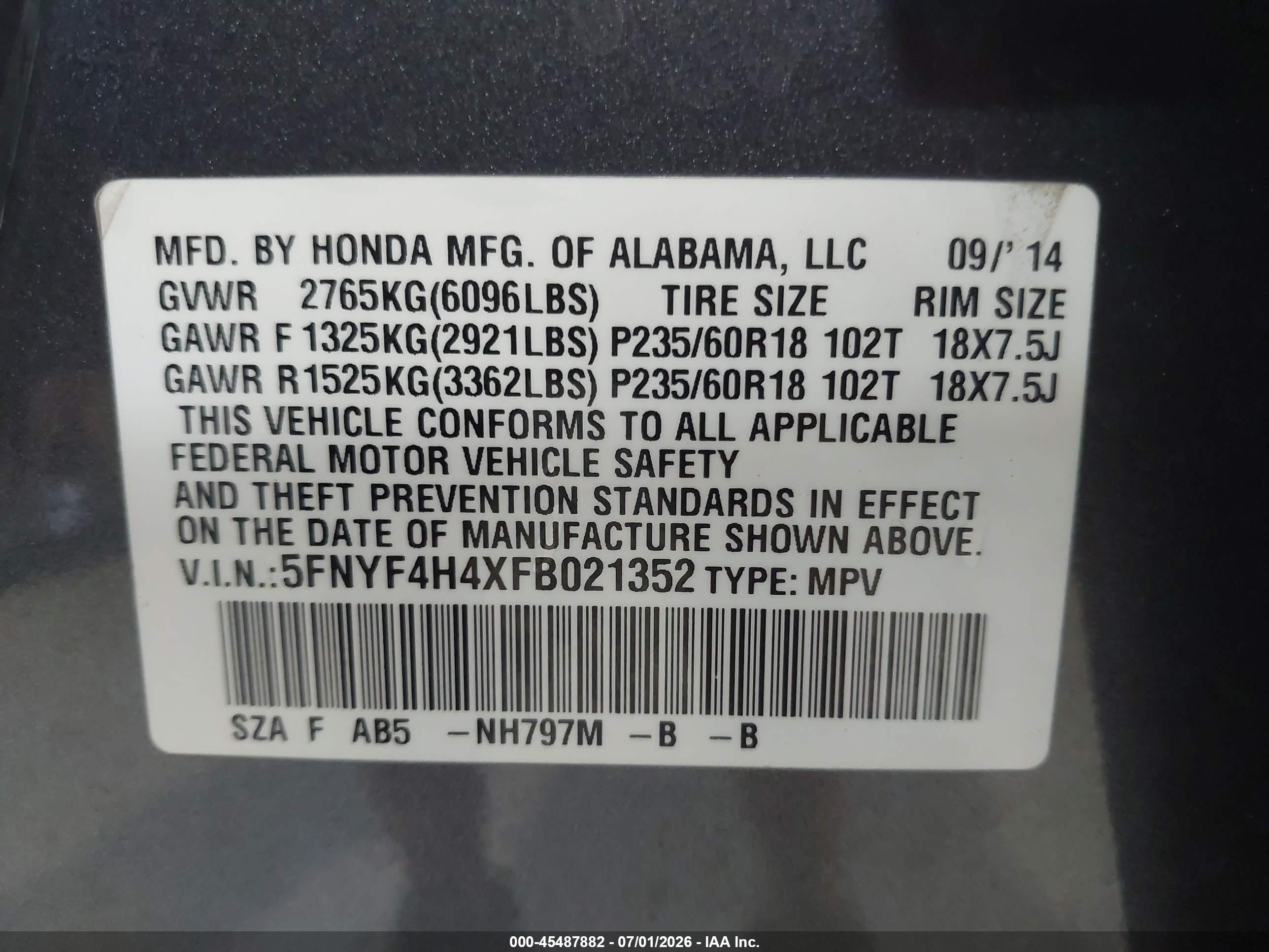 2015 Honda Pilot Ex Gray vin: 5FNYF4H4XFB021352