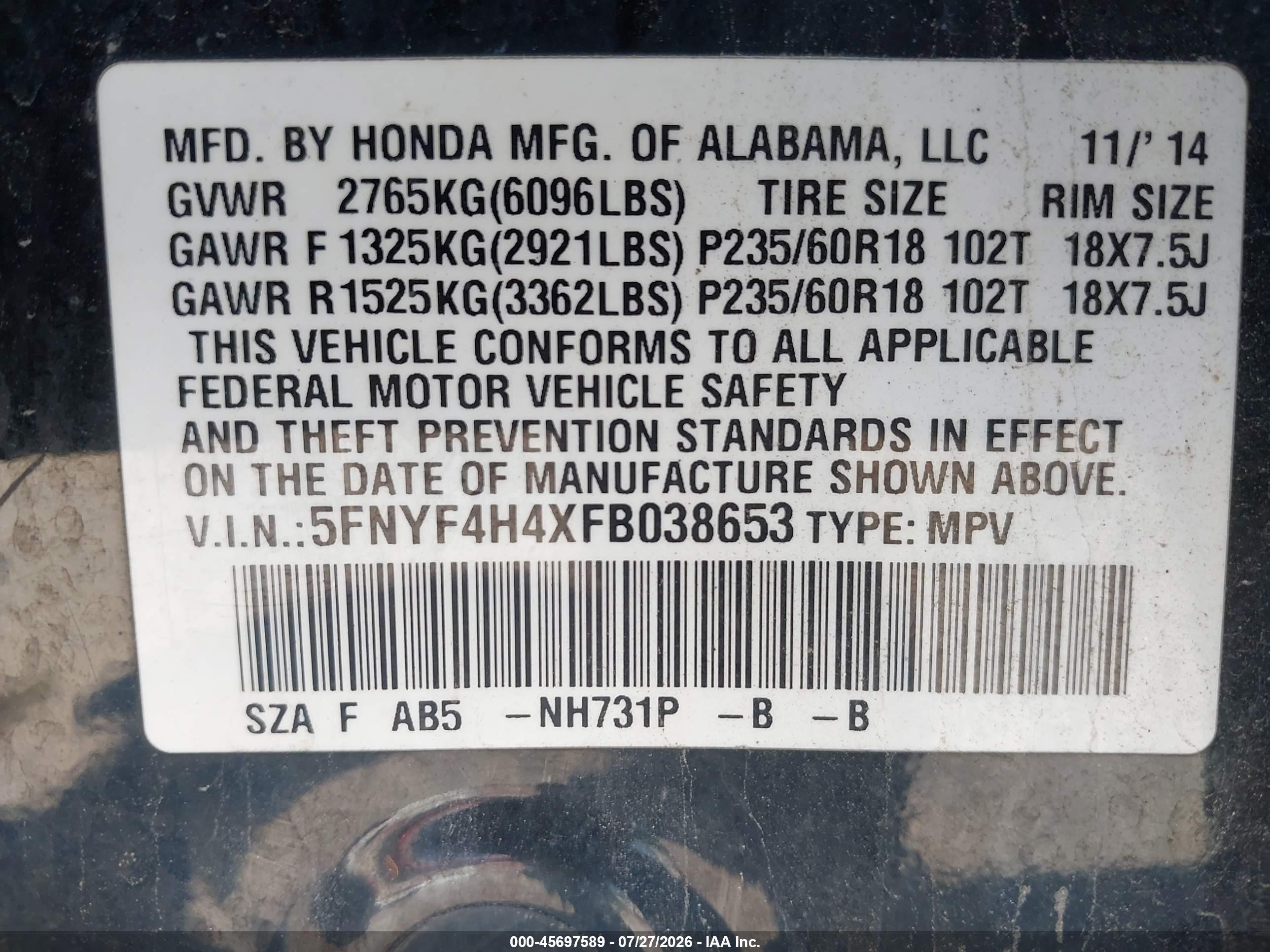 2015 Honda Pilot Ex Черный vin: 5FNYF4H4XFB038653