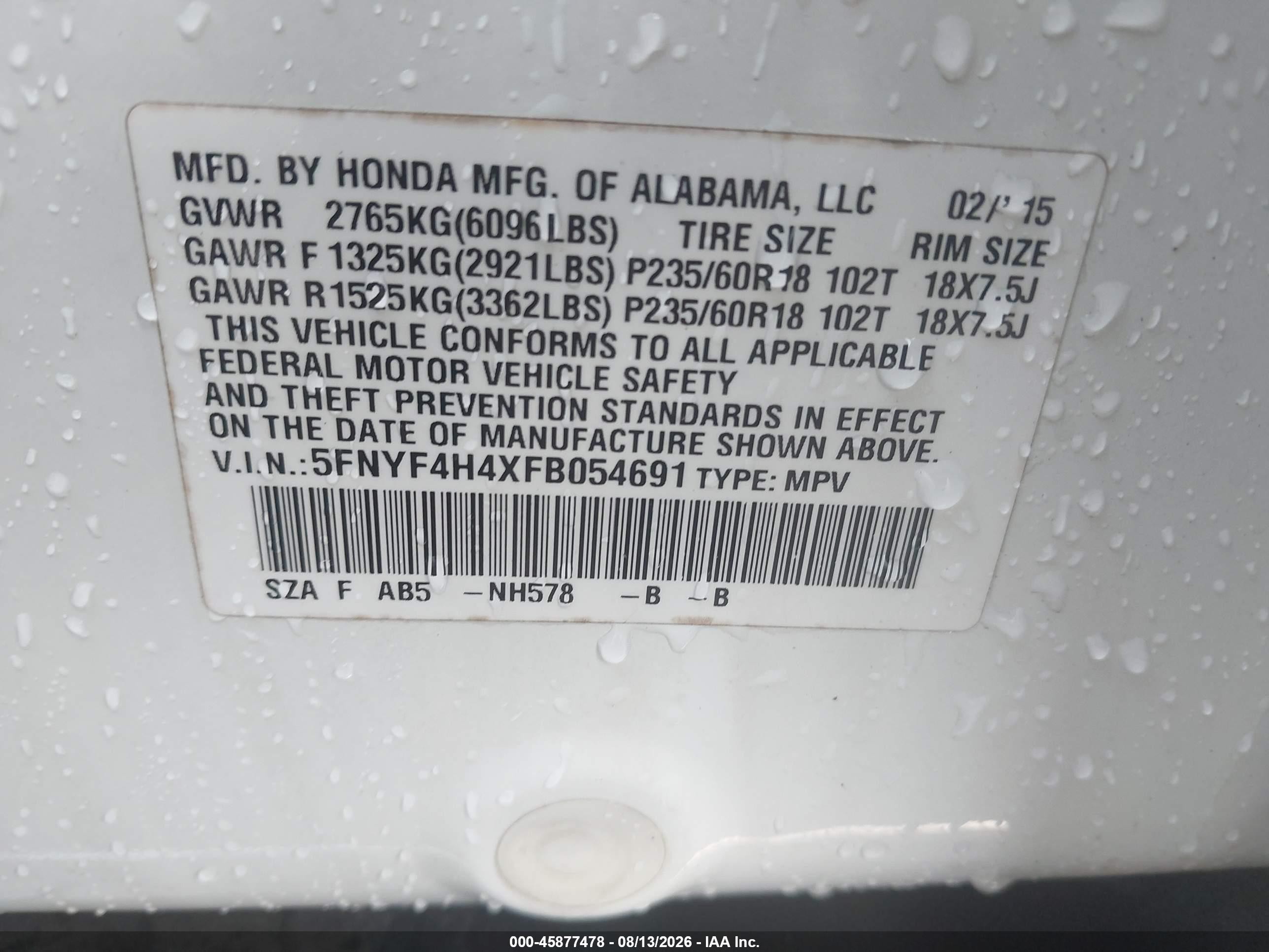 2015 Honda Pilot Ex White vin: 5FNYF4H4XFB054691