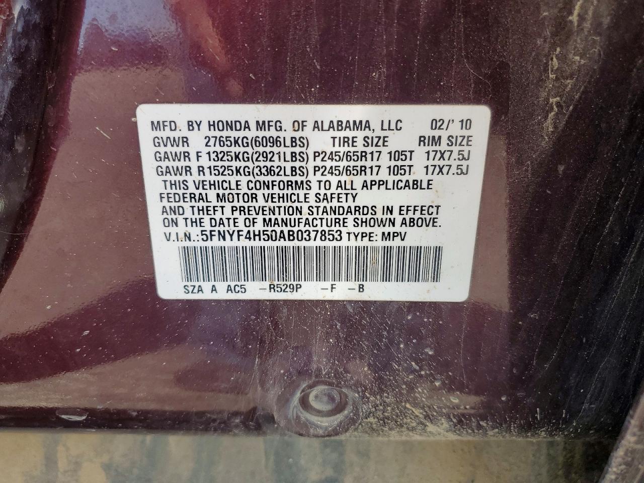 2010 Honda Pilot Exl Burgundy vin: 5FNYF4H50AB037853