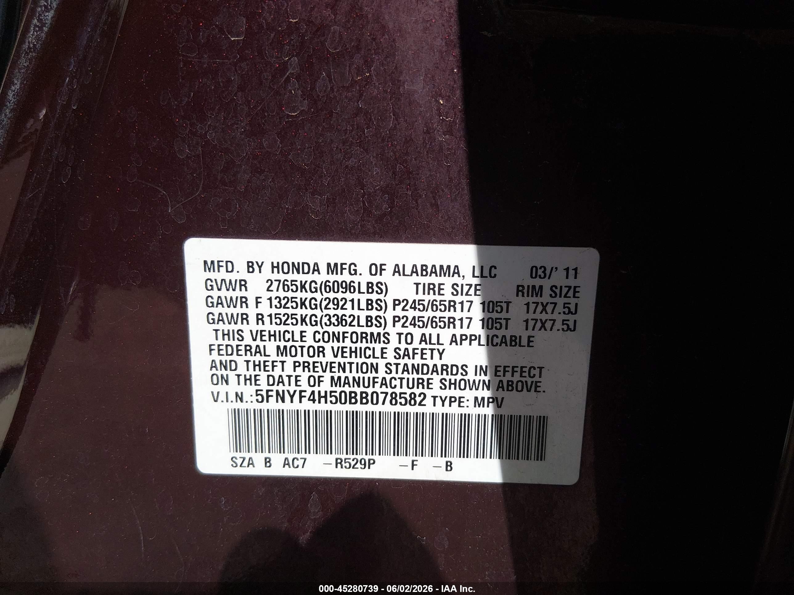 2011 Honda Pilot Exl Red vin: 5FNYF4H50BB078582
