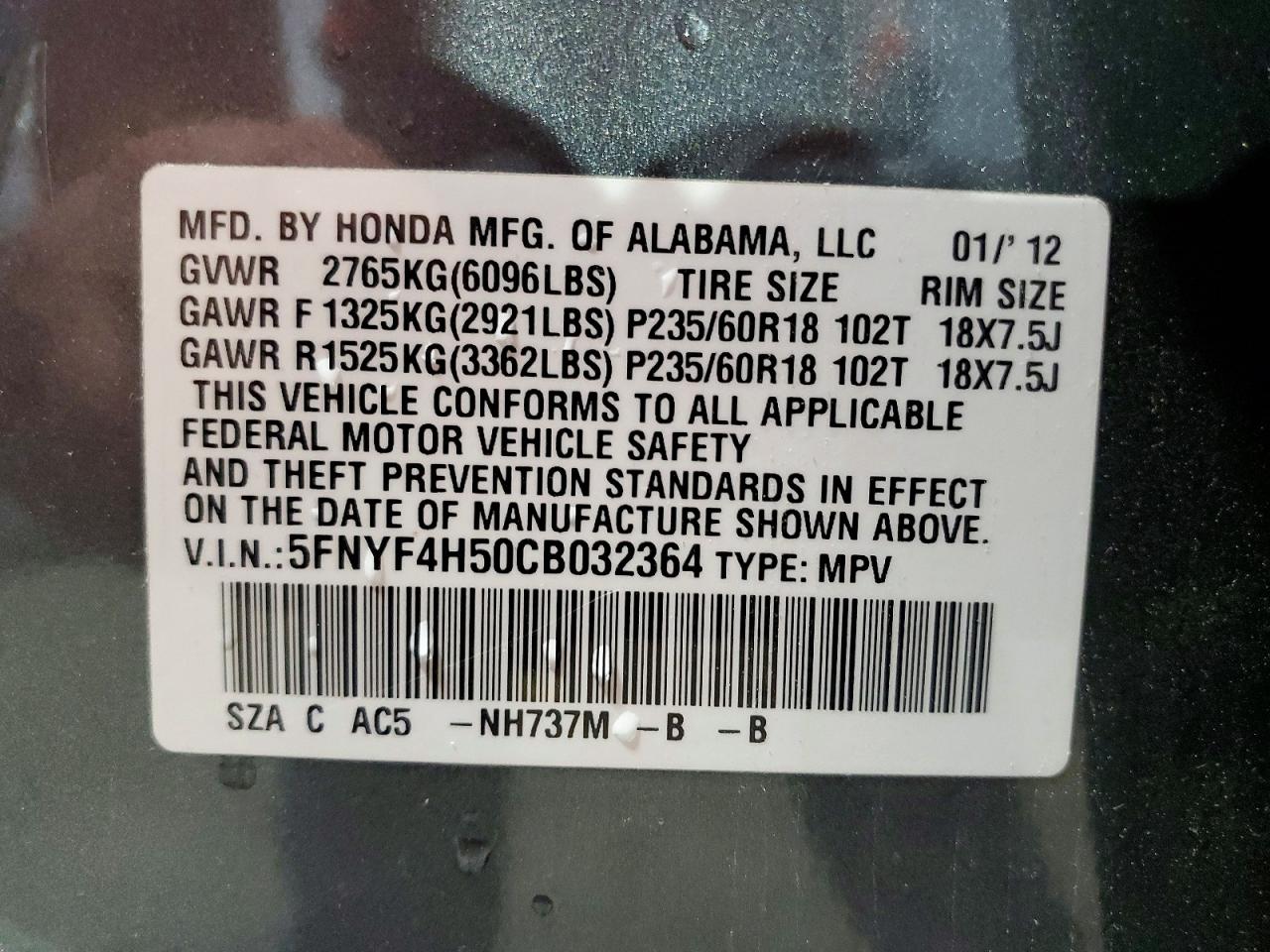 2012 Honda Pilot Exl Charcoal vin: 5FNYF4H50CB032364