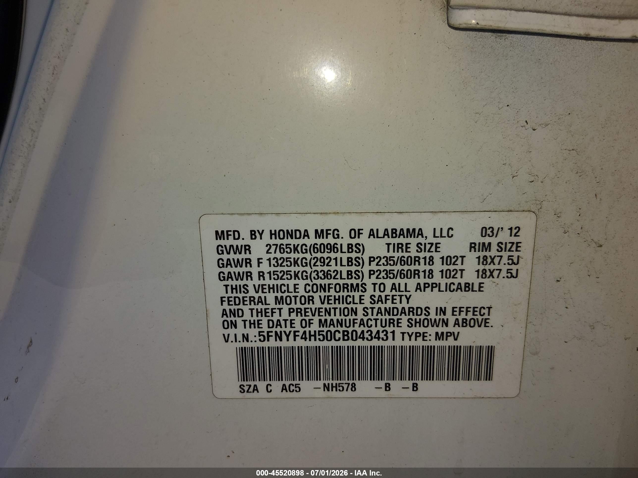 2012 Honda Pilot Ex-l White vin: 5FNYF4H50CB043431
