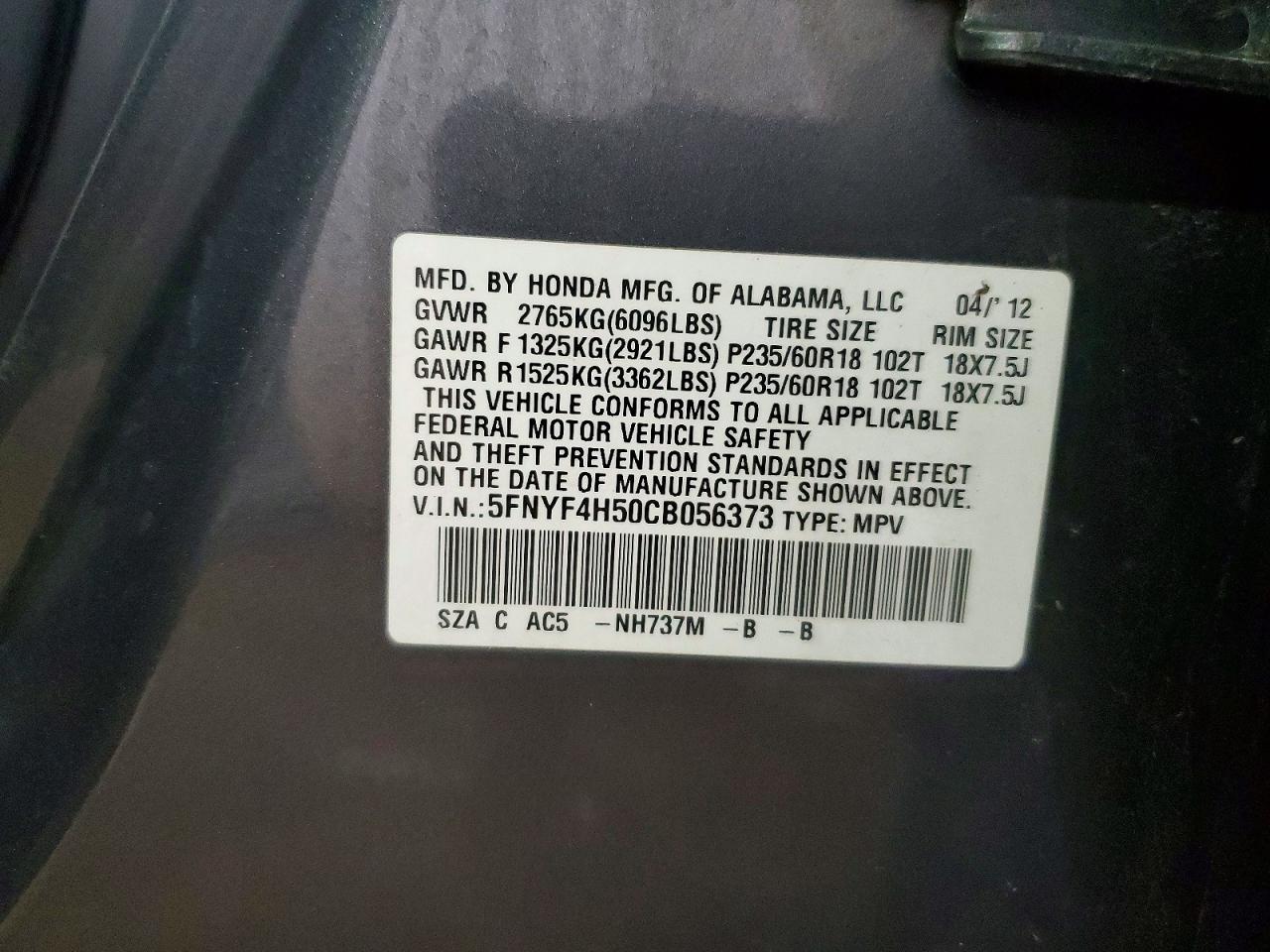 2012 Honda Pilot Exl Gray vin: 5FNYF4H50CB056373