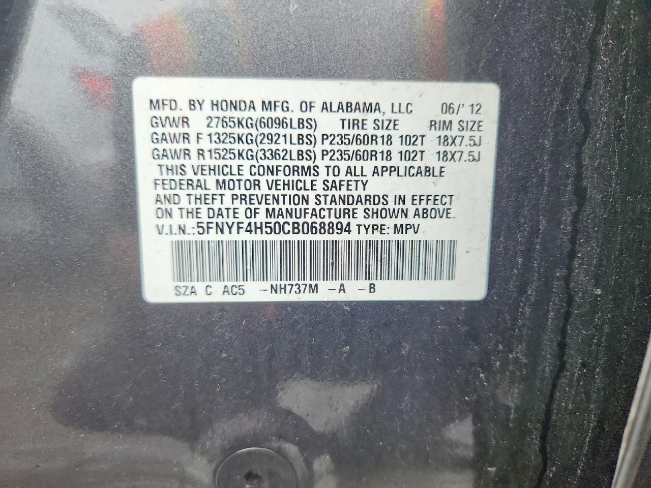 2012 Honda Pilot Exl Gray vin: 5FNYF4H50CB068894