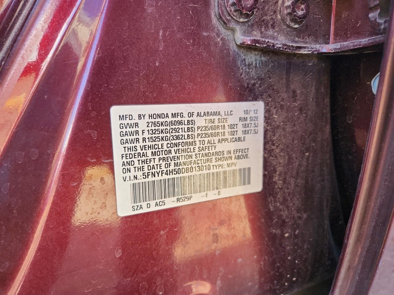 2013 Honda Pilot Exl Burgundy vin: 5FNYF4H50DB013010
