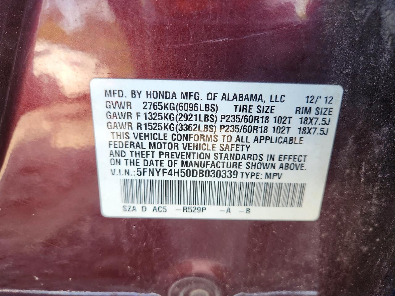 2013 Honda Pilot Exl Maroon vin: 5FNYF4H50DB030339