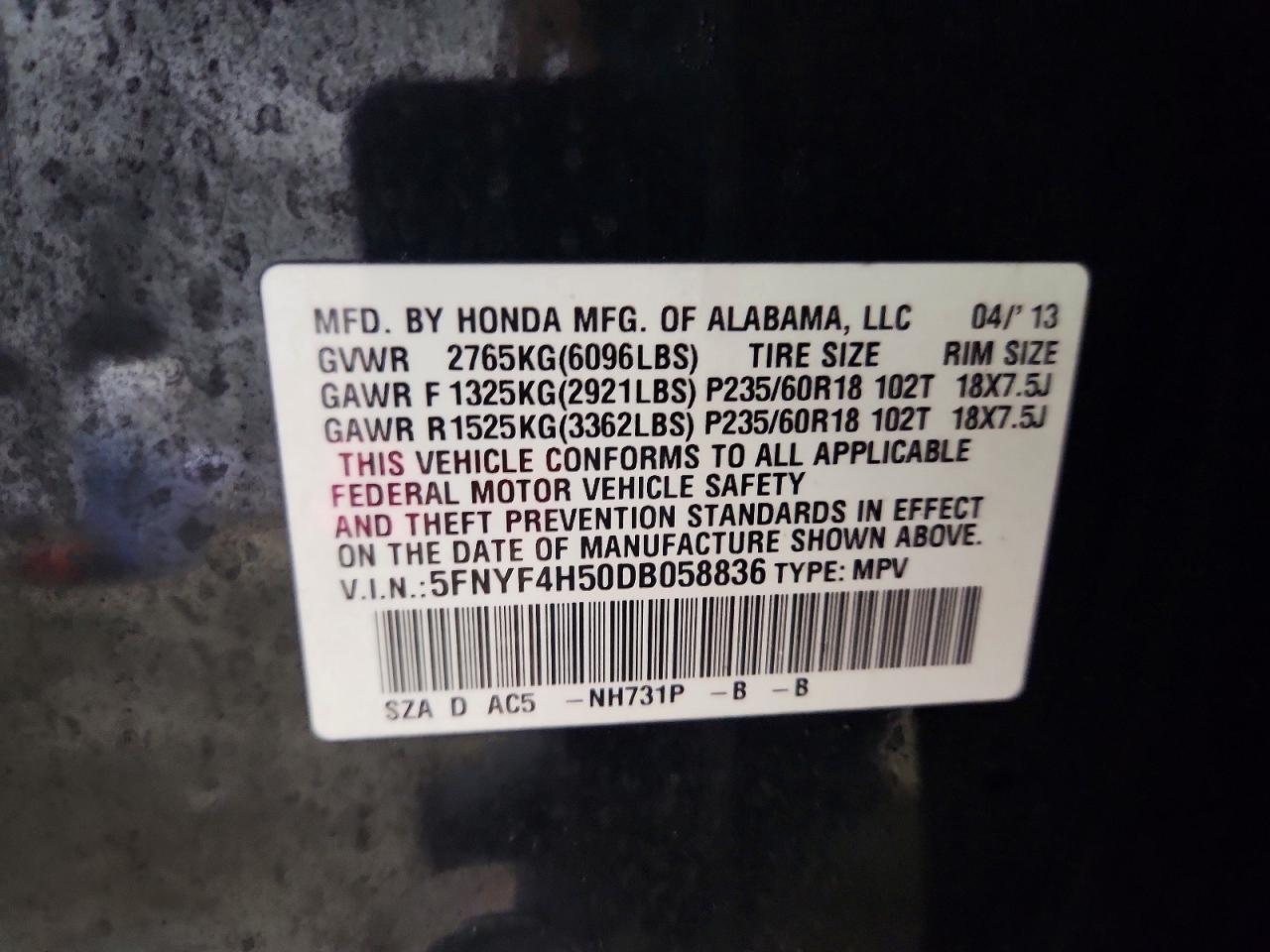 2013 Honda Pilot Exl Charcoal vin: 5FNYF4H50DB058836