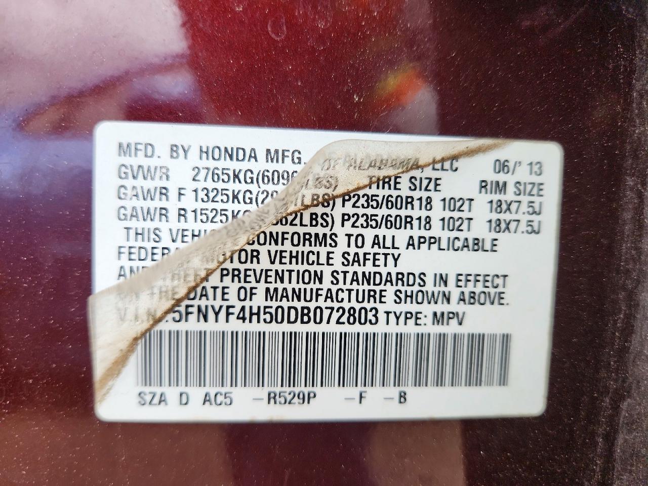 2013 Honda Pilot Exl Burgundy vin: 5FNYF4H50DB072803