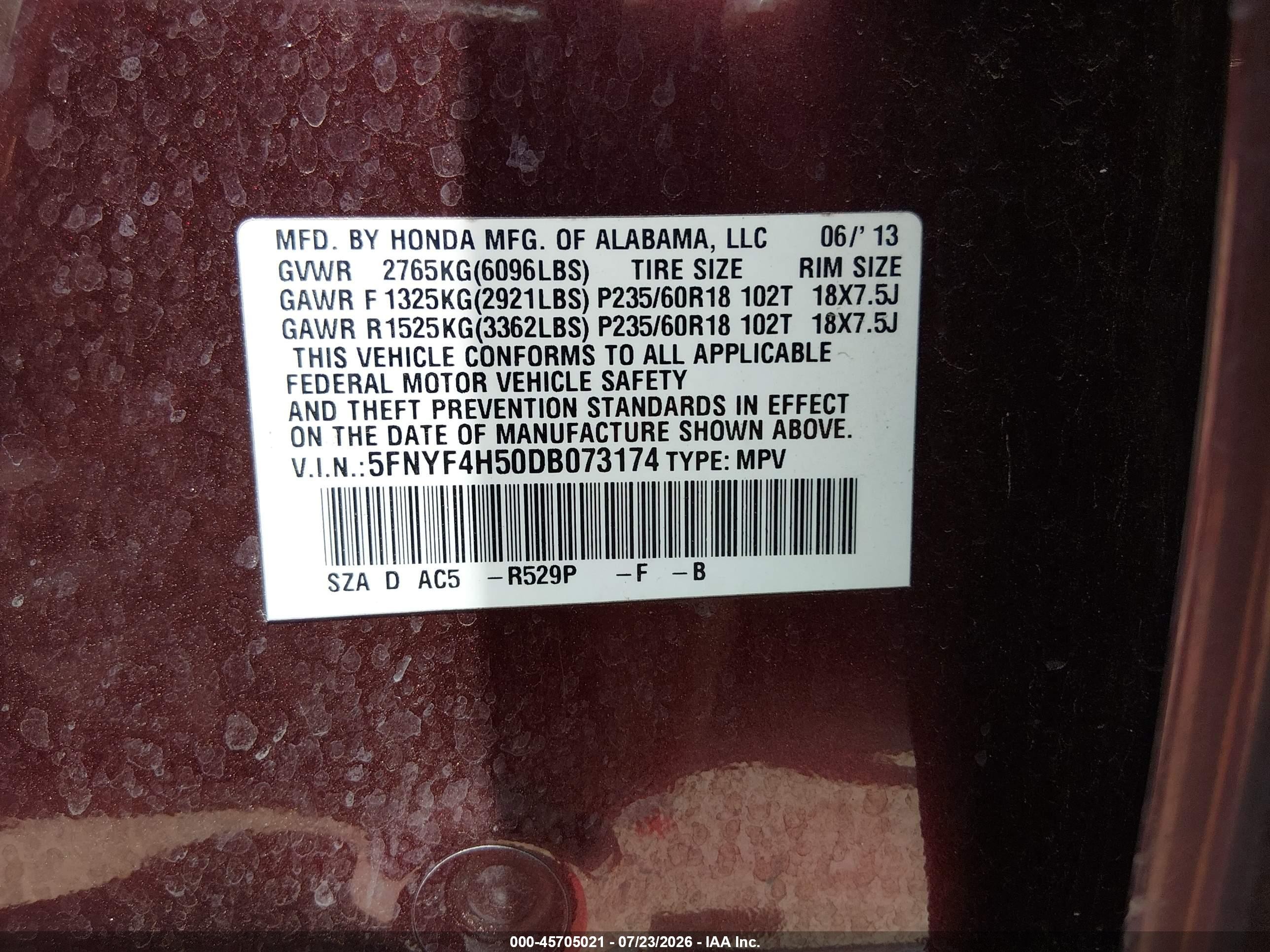 2013 Honda Pilot Ex-l Burgundy vin: 5FNYF4H50DB073174