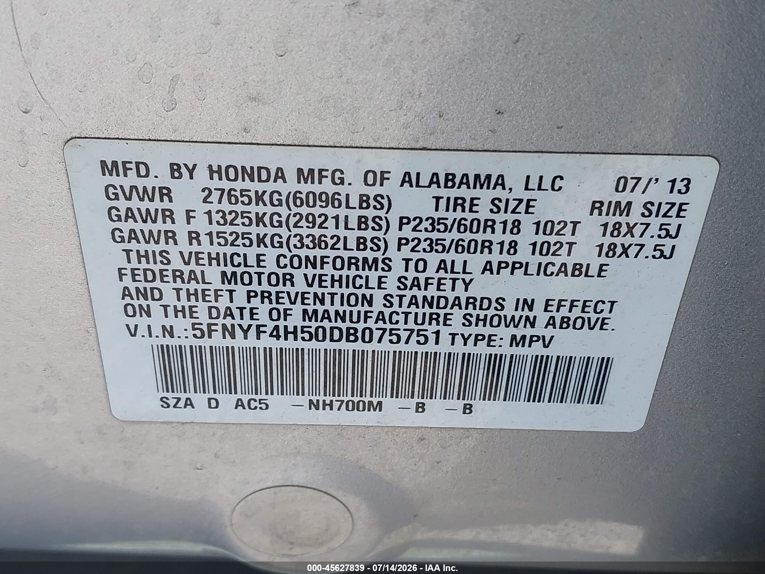 2013 Honda Pilot Ex-l Серый vin: 5FNYF4H50DB075751