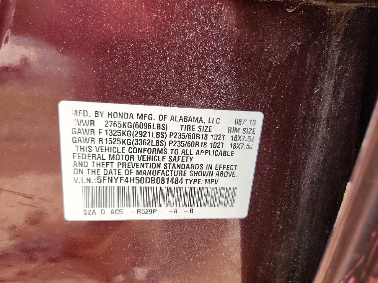 2013 Honda Pilot Exl Burgundy vin: 5FNYF4H50DB081484