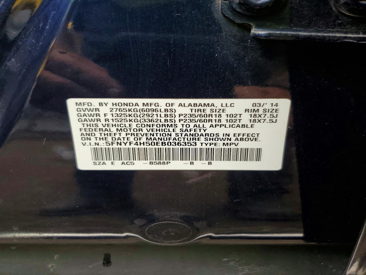 2014 Honda Pilot Exl Blue vin: 5FNYF4H50EB036353