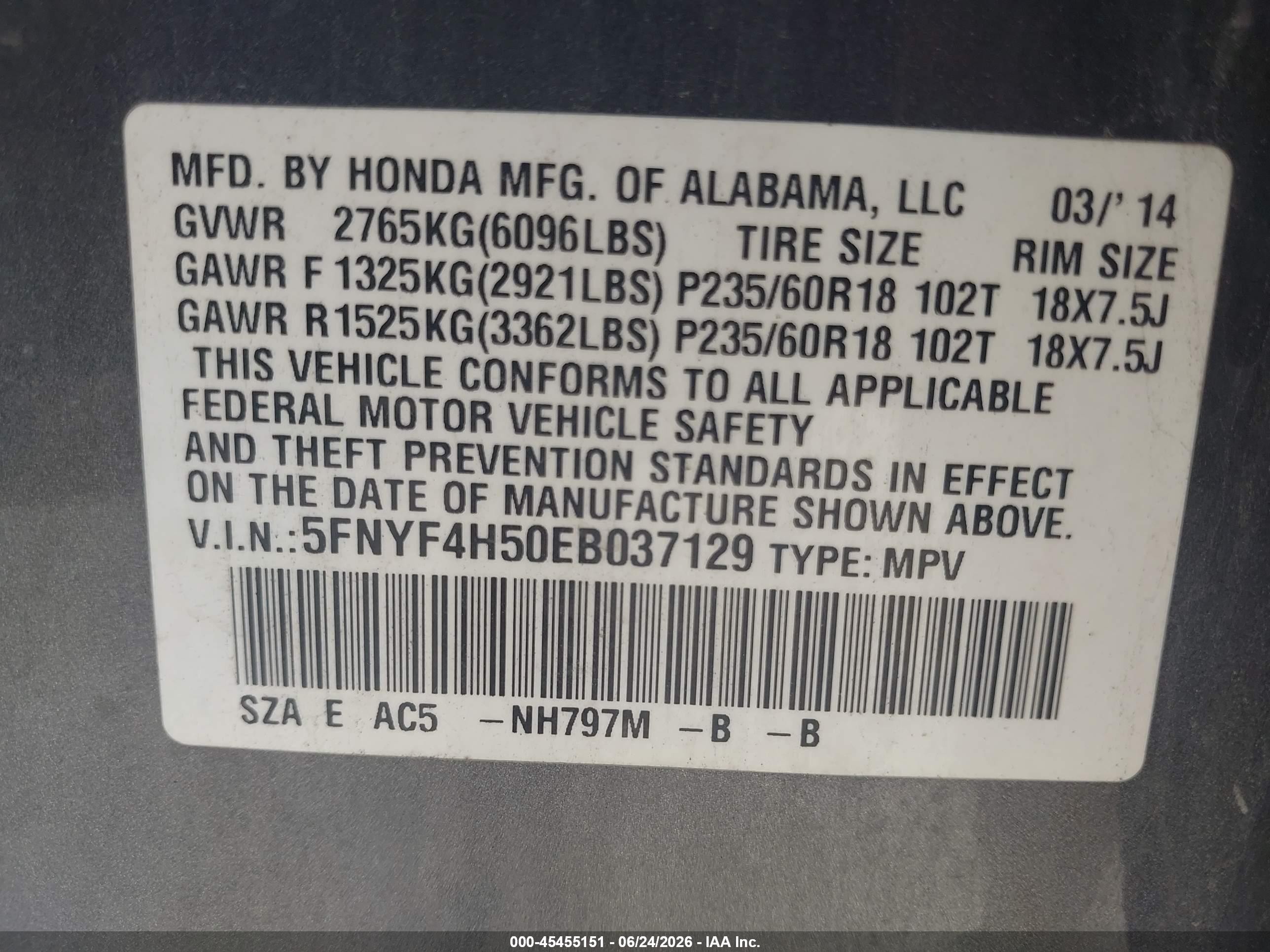 2014 Honda Pilot Ex-l Gray vin: 5FNYF4H50EB037129