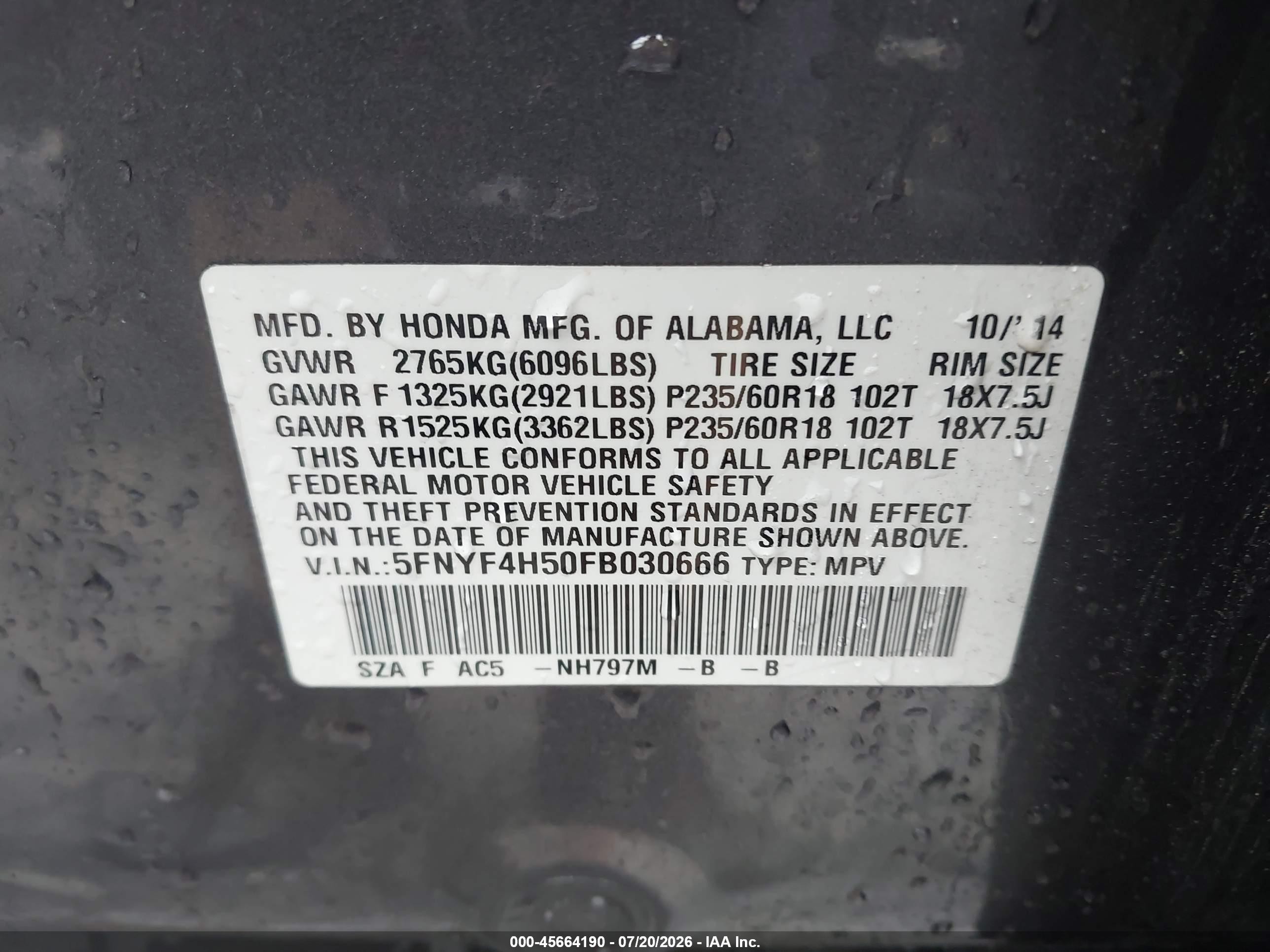 2015 Honda Pilot Ex-l Gray vin: 5FNYF4H50FB030666