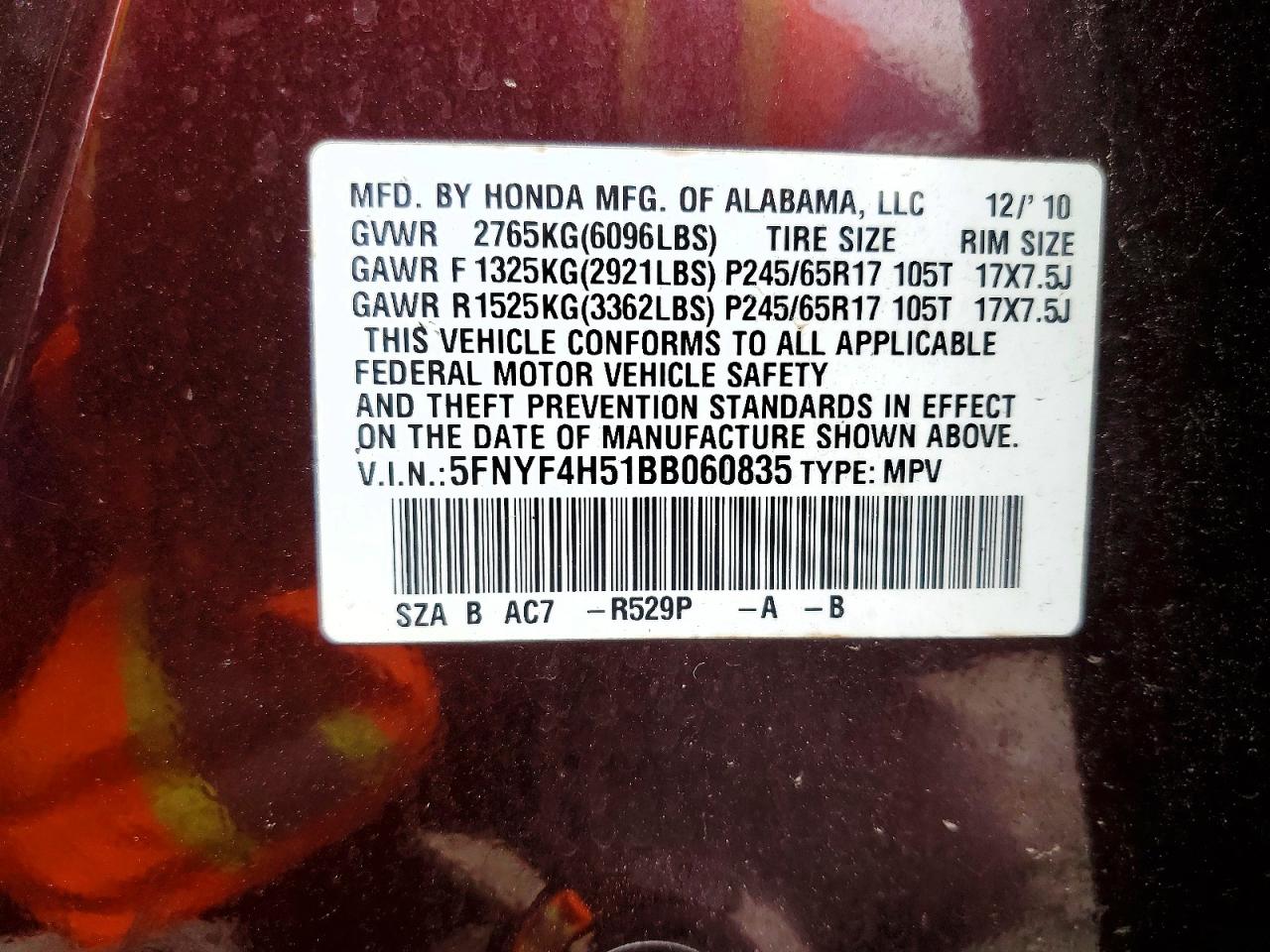 2011 Honda Pilot Exl Burgundy vin: 5FNYF4H51BB060835
