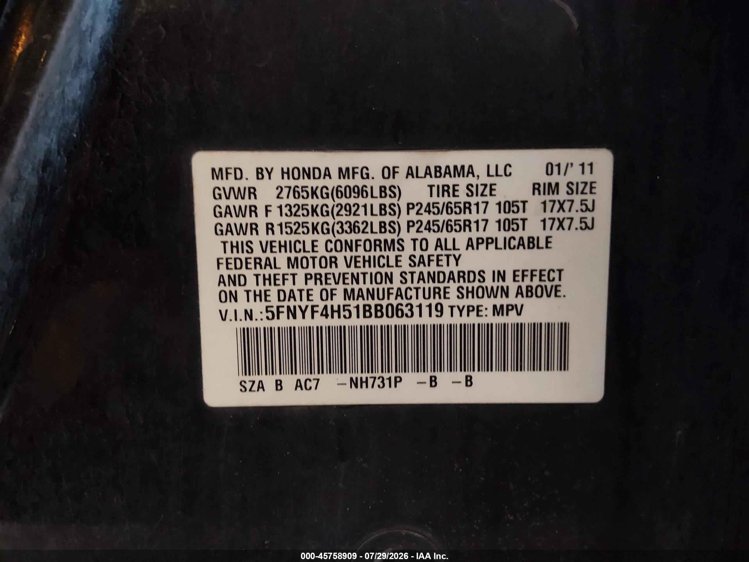 2011 Honda Pilot Ex-l Black vin: 5FNYF4H51BB063119