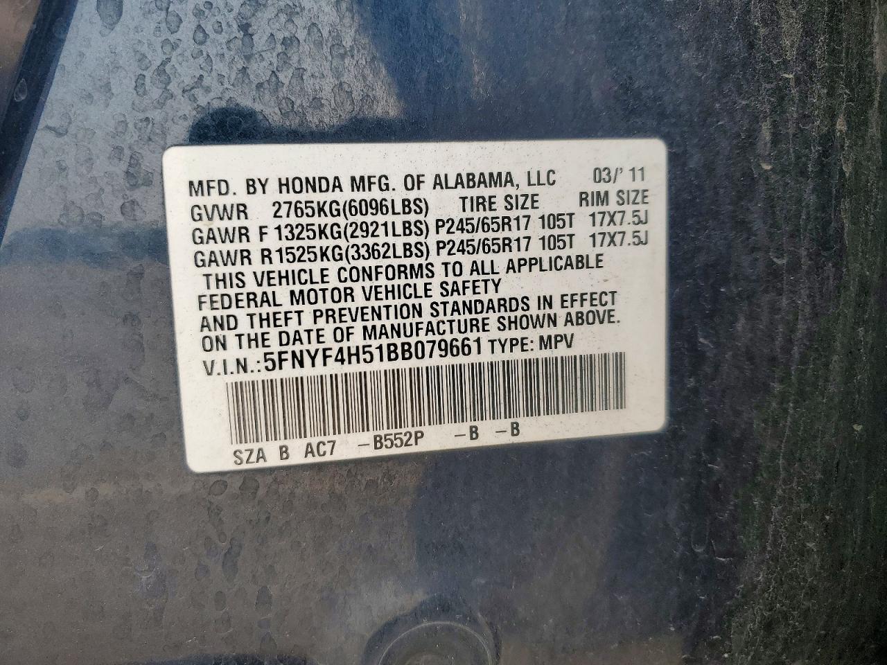 2011 Honda Pilot Exl Gray vin: 5FNYF4H51BB079661