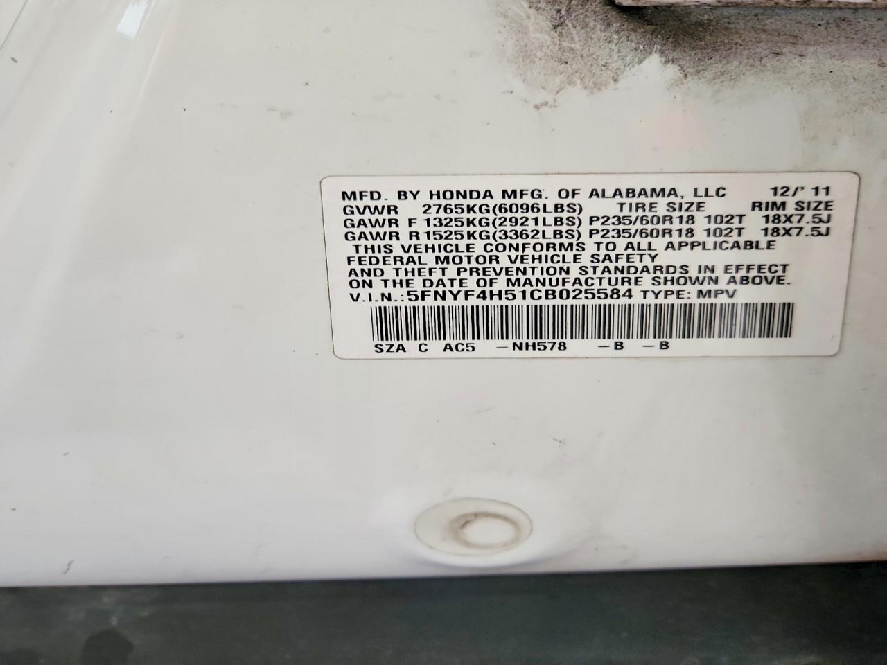 2012 Honda Pilot Exl Белый vin: 5FNYF4H51CB025584