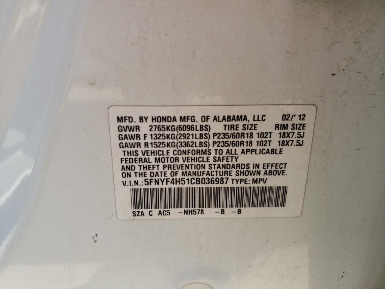 2012 Honda Pilot Exl Белый vin: 5FNYF4H51CB036987