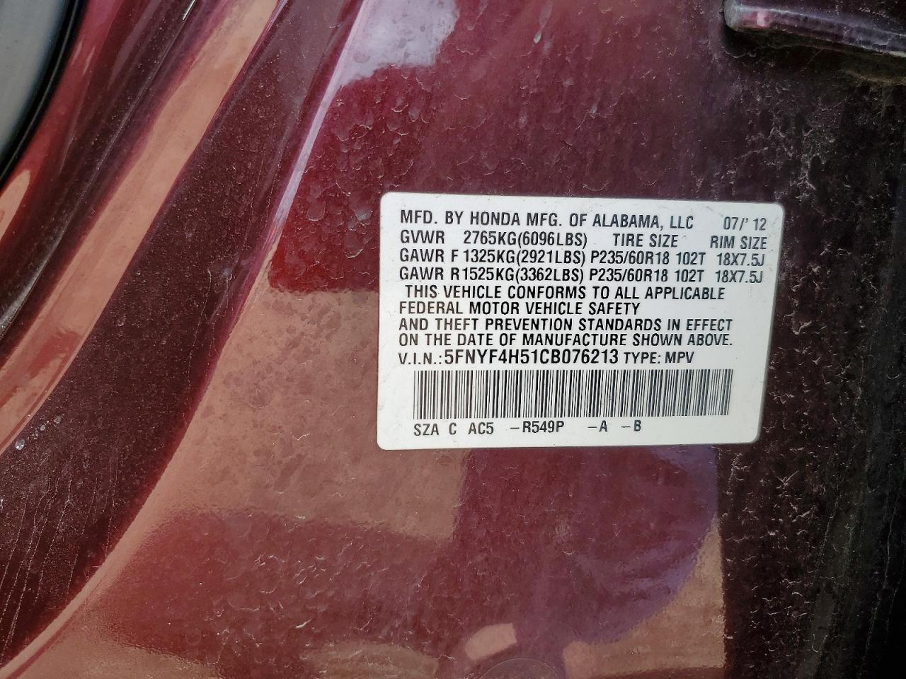 2012 Honda Pilot Exl Maroon vin: 5FNYF4H51CB076213