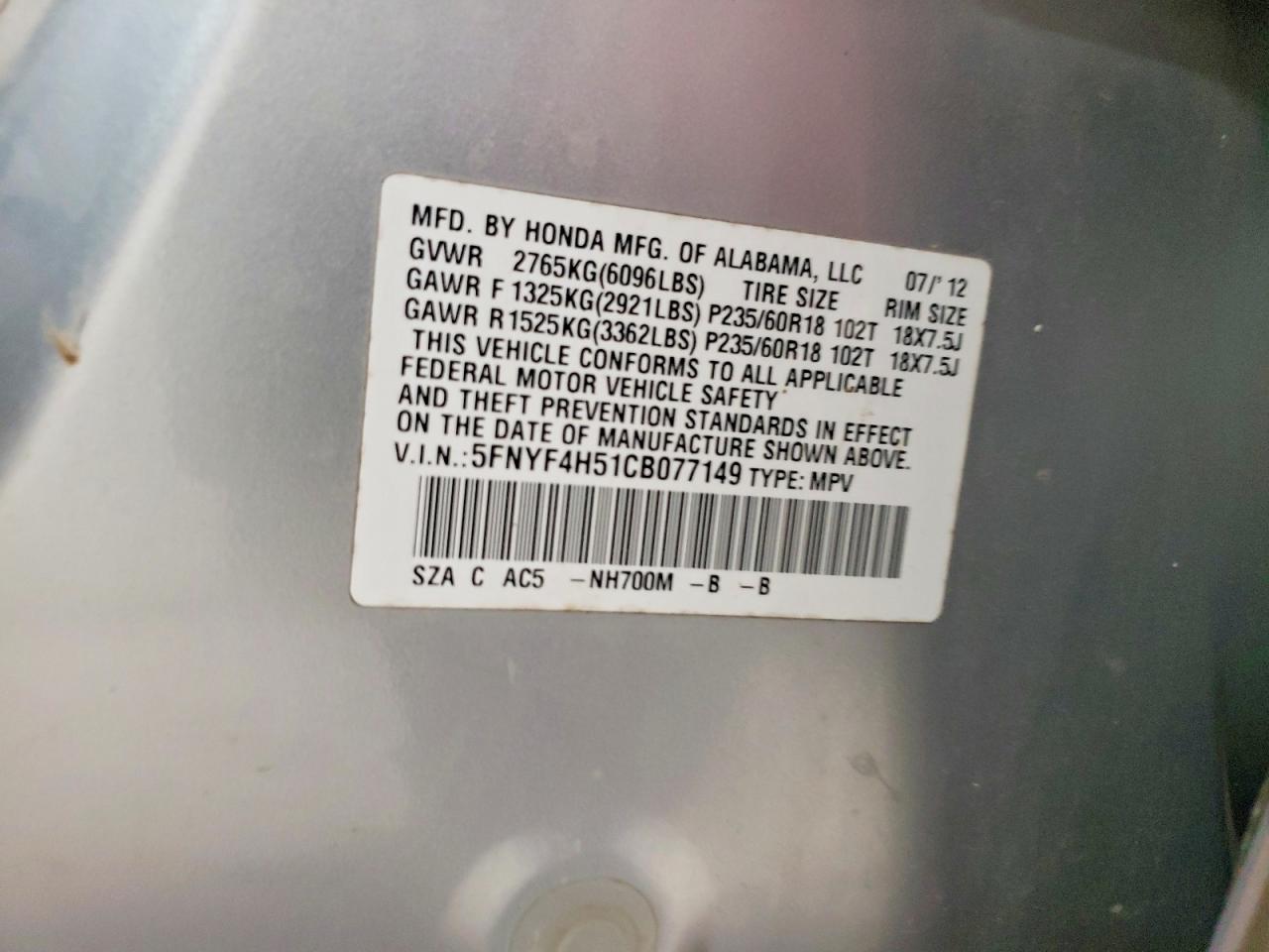 2012 Honda Pilot Exl Silver vin: 5FNYF4H51CB077149