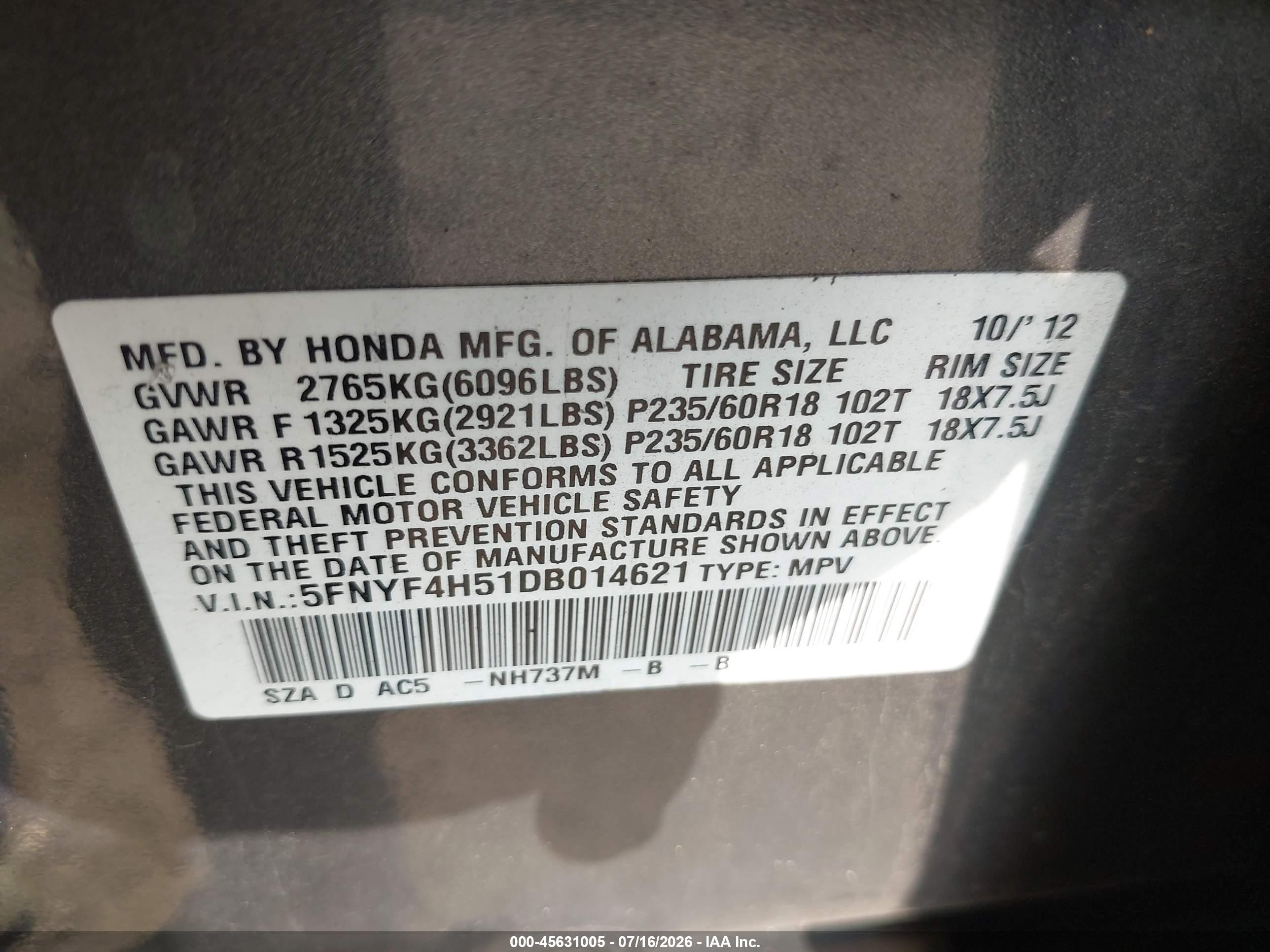 2013 Honda Pilot Ex-l Gray vin: 5FNYF4H51DB014621