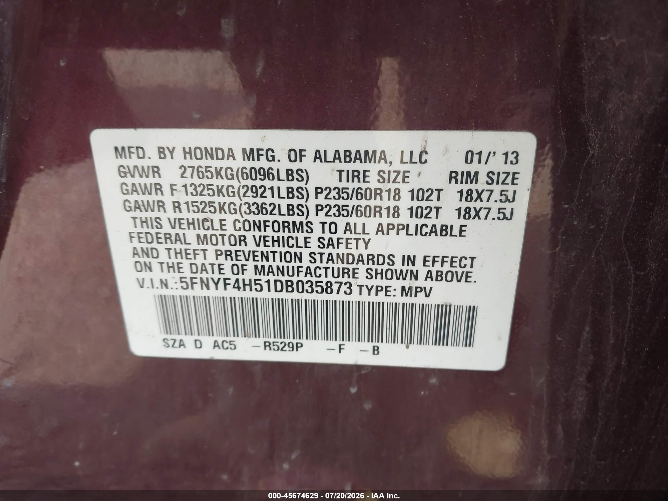 2013 Honda Pilot Ex-l Burgundy vin: 5FNYF4H51DB035873