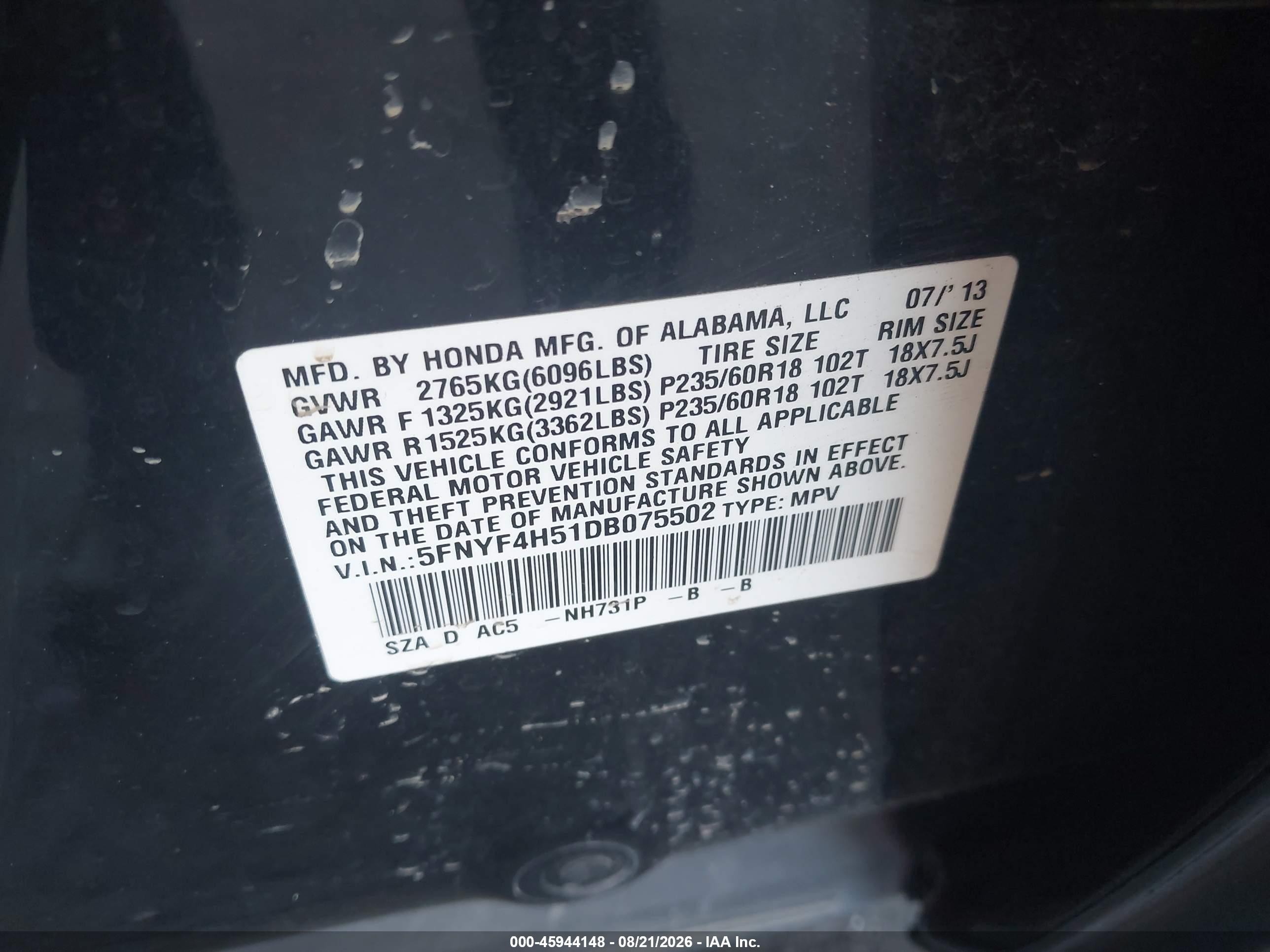 2013 Honda Pilot Ex-l Black vin: 5FNYF4H51DB075502