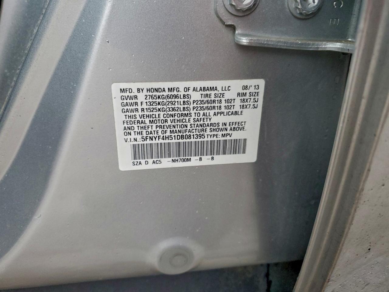 2013 Honda Pilot Exl Серый vin: 5FNYF4H51DB081395