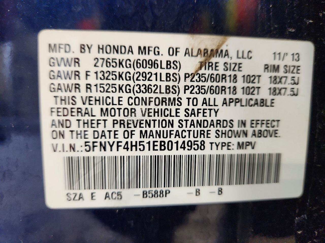 2014 Honda Pilot Exl Blue vin: 5FNYF4H51EB014958