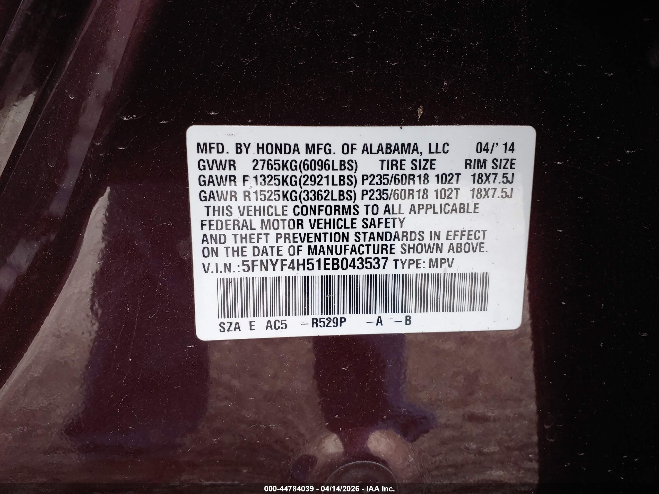 2014 Honda Pilot Ex-l Burgundy vin: 5FNYF4H51EB043537