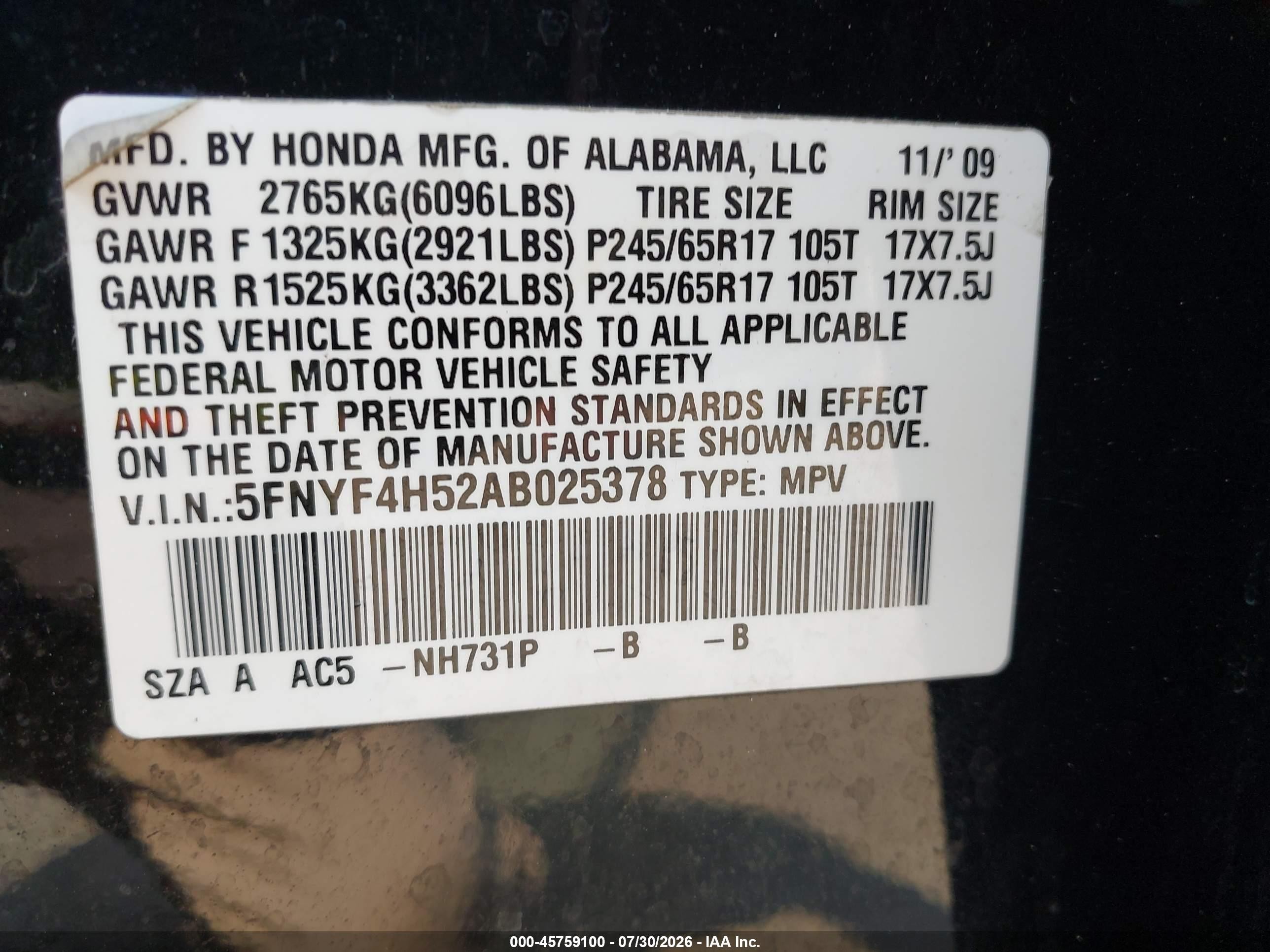 2010 Honda Pilot Ex-l Black vin: 5FNYF4H52AB025378