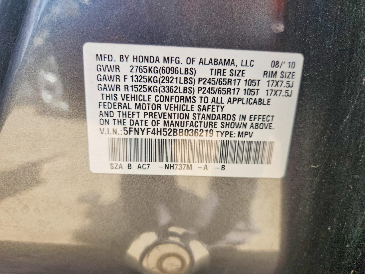 2011 Honda Pilot Exl Gray vin: 5FNYF4H52BB036219