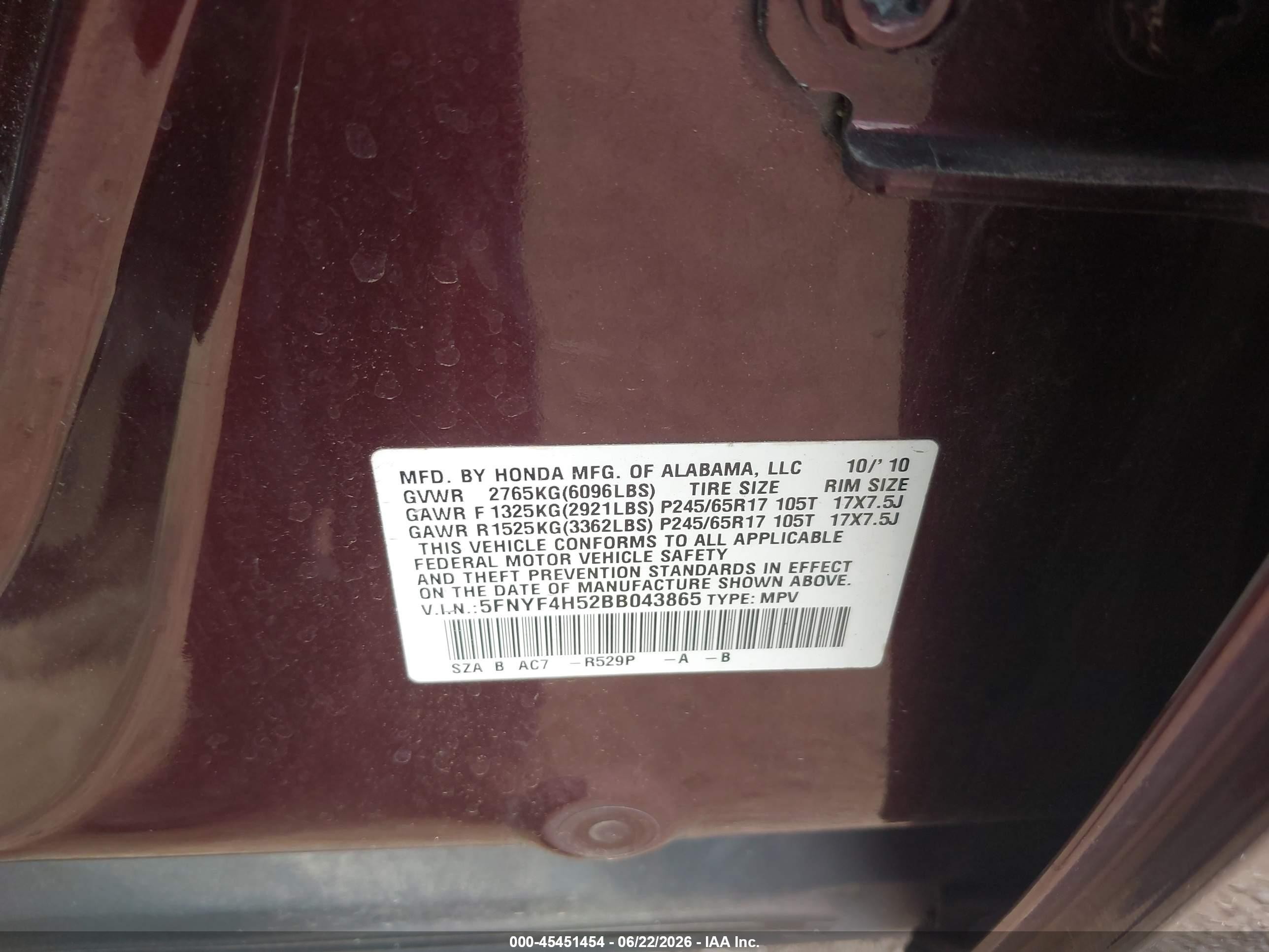 2011 Honda Pilot Ex-l Maroon vin: 5FNYF4H52BB043865