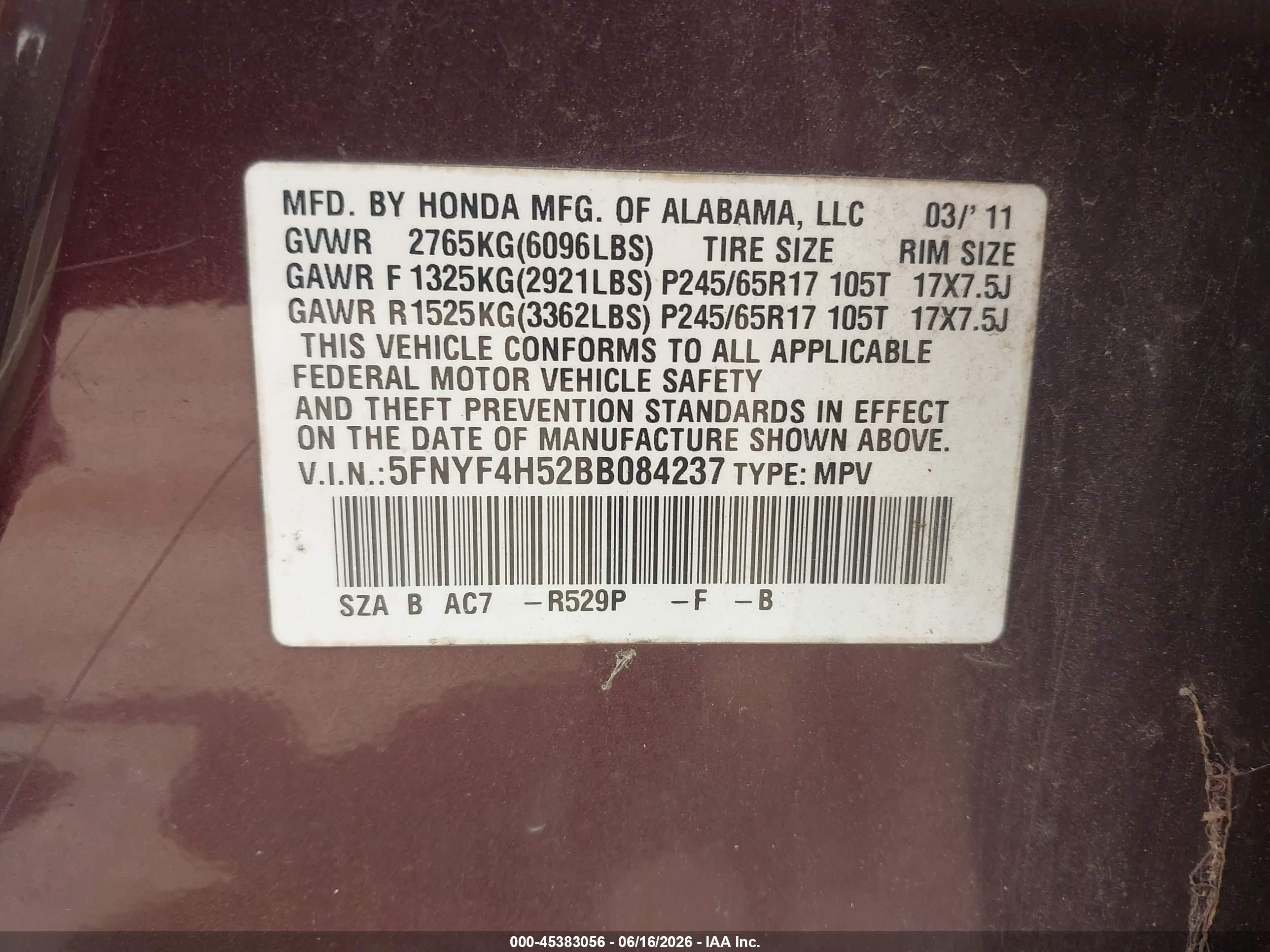 2011 Honda Pilot Ex-l Красный vin: 5FNYF4H52BB084237