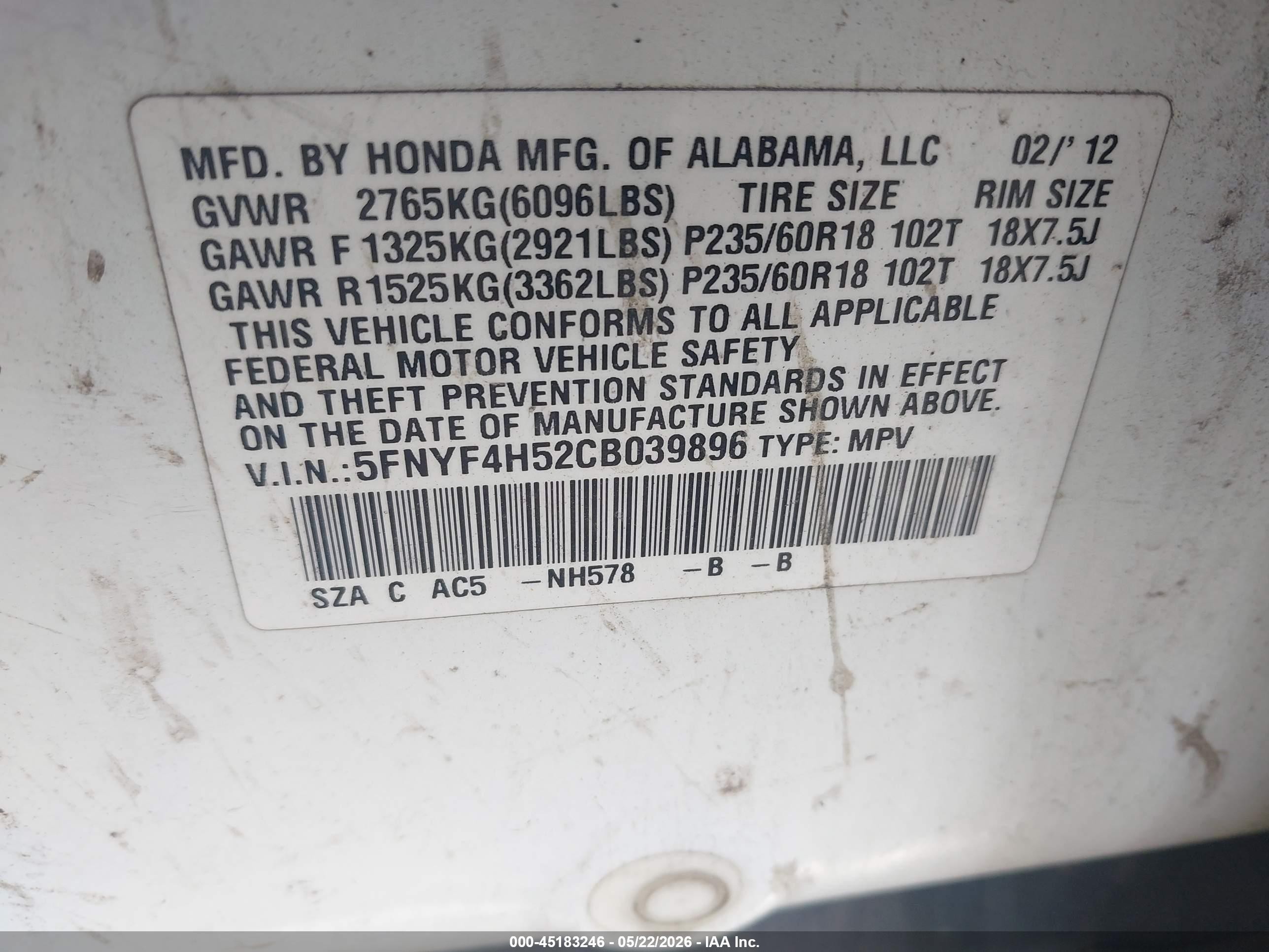2012 Honda Pilot Ex-l White vin: 5FNYF4H52CB039896