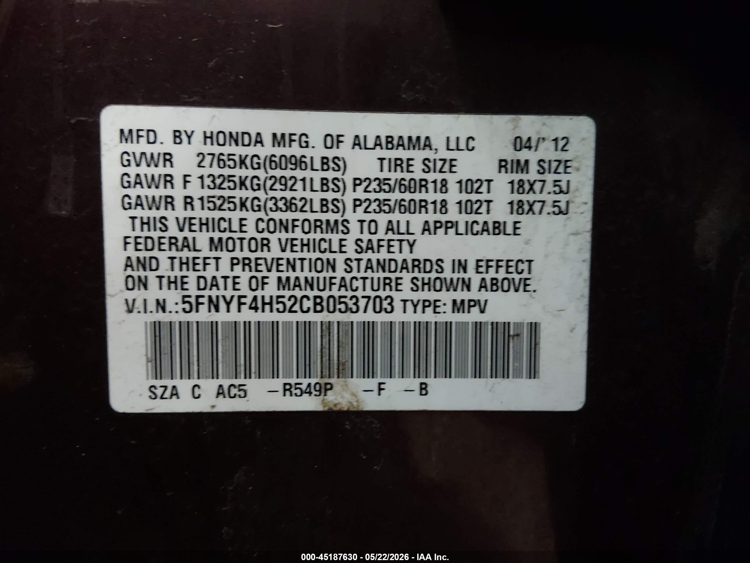 2012 Honda Pilot Exl Maroon vin: 5FNYF4H52CB053703