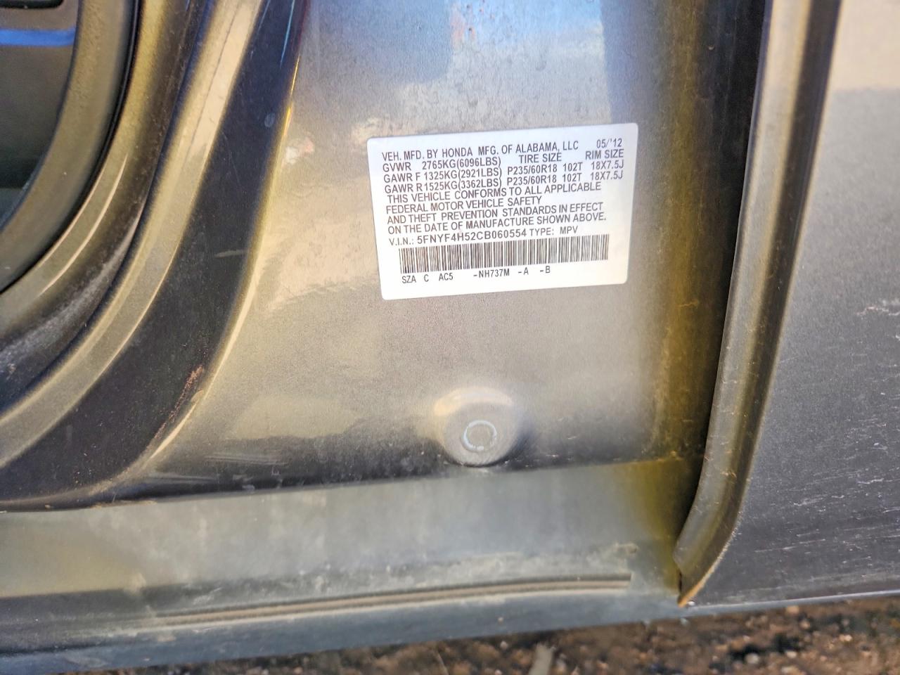 2012 Honda Pilot Exl Charcoal vin: 5FNYF4H52CB060554