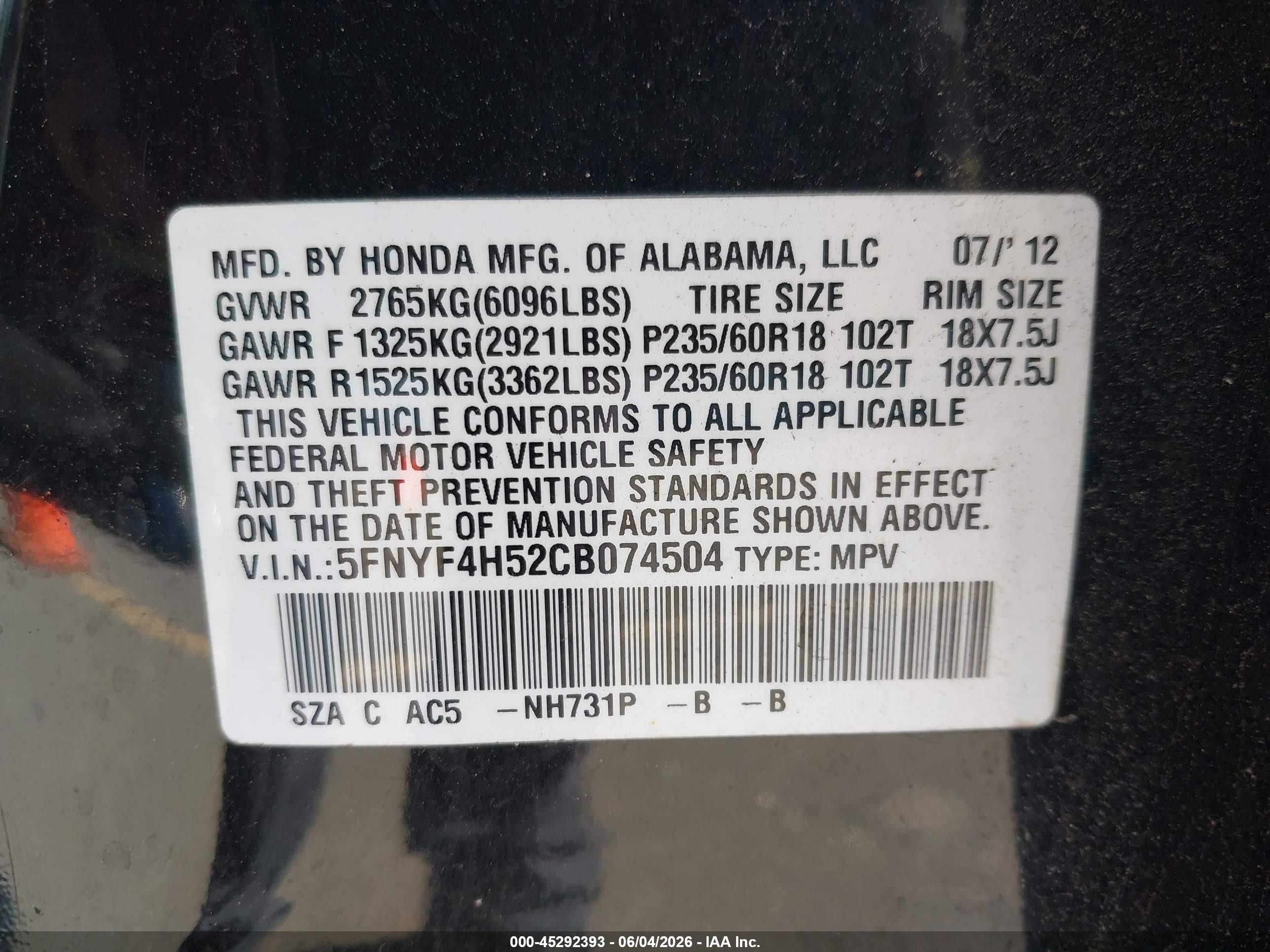 2012 Honda Pilot Ex-l Black vin: 5FNYF4H52CB074504