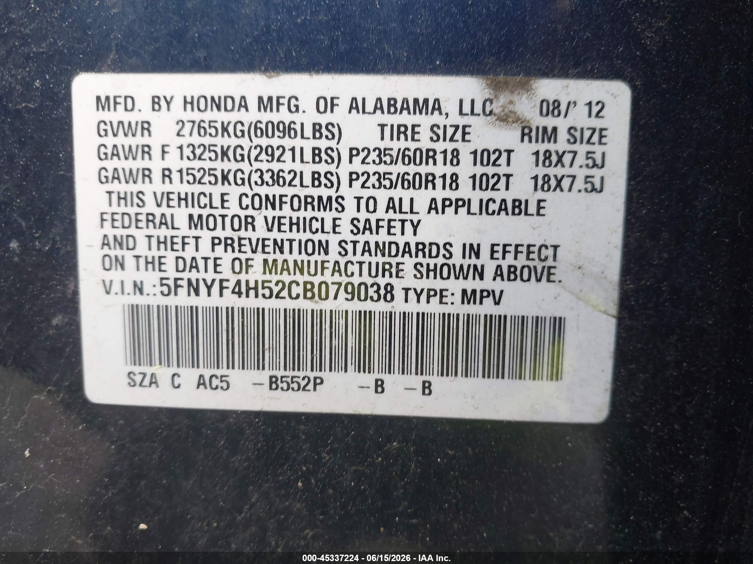 2012 Honda Pilot Ex-l Dark Blue vin: 5FNYF4H52CB079038