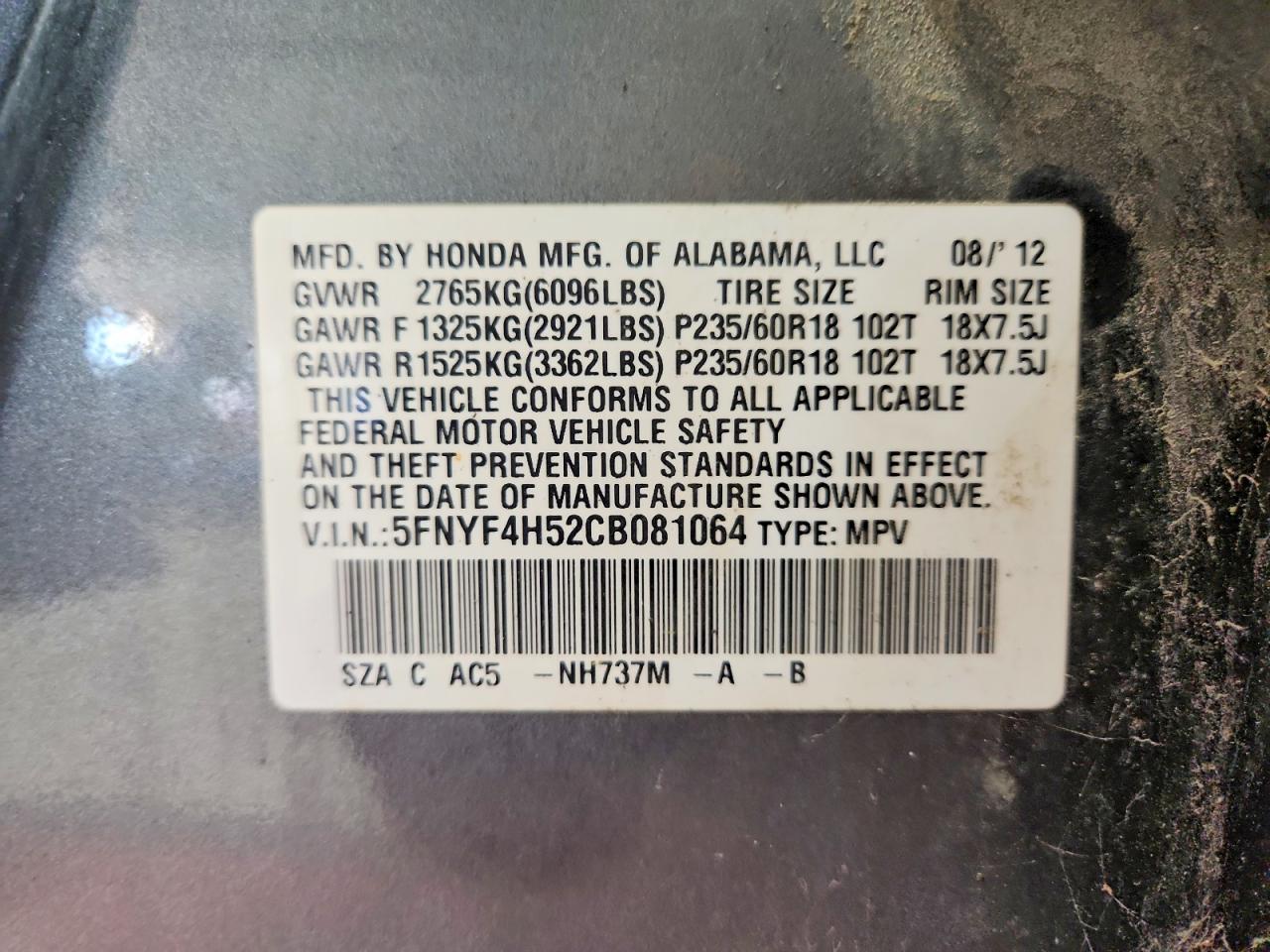2012 Honda Pilot Exl Gray vin: 5FNYF4H52CB081064