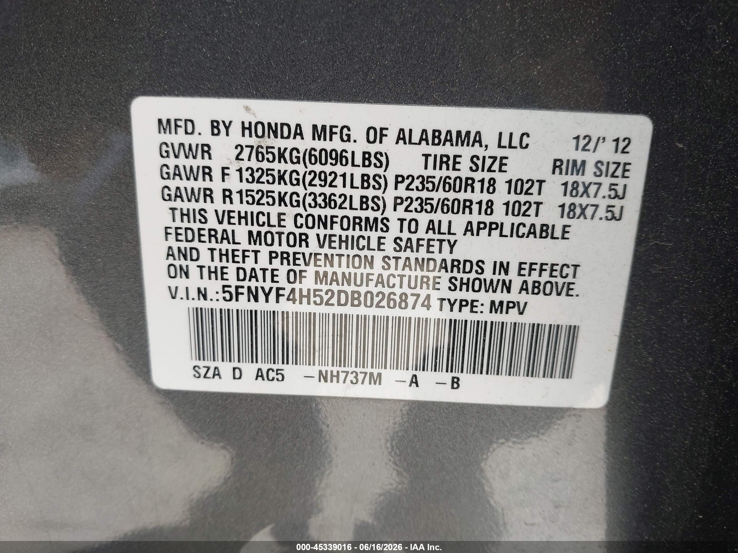 2013 Honda Pilot Ex-l Gray vin: 5FNYF4H52DB026874