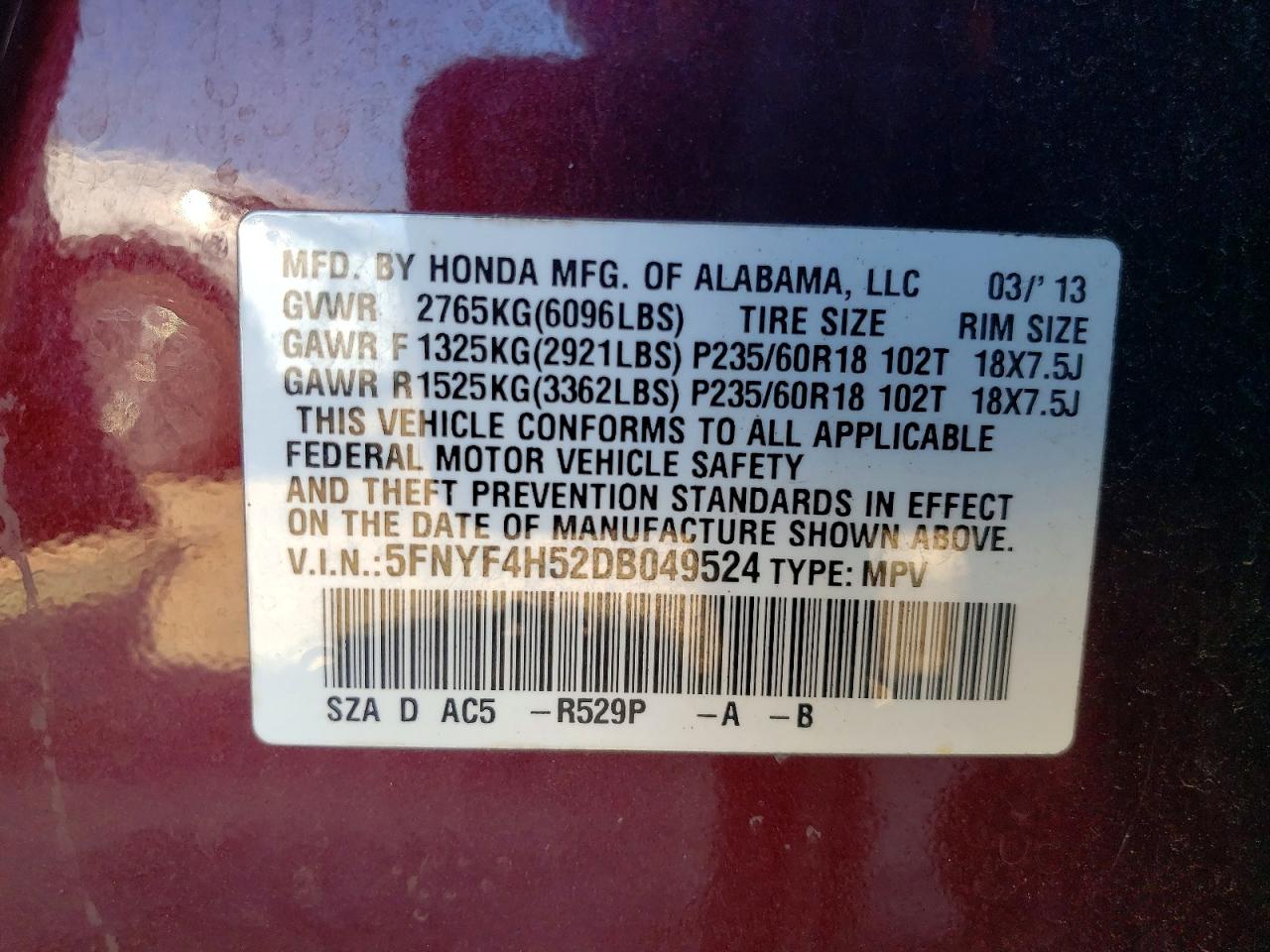 2013 Honda Pilot Exl Brown vin: 5FNYF4H52DB049524