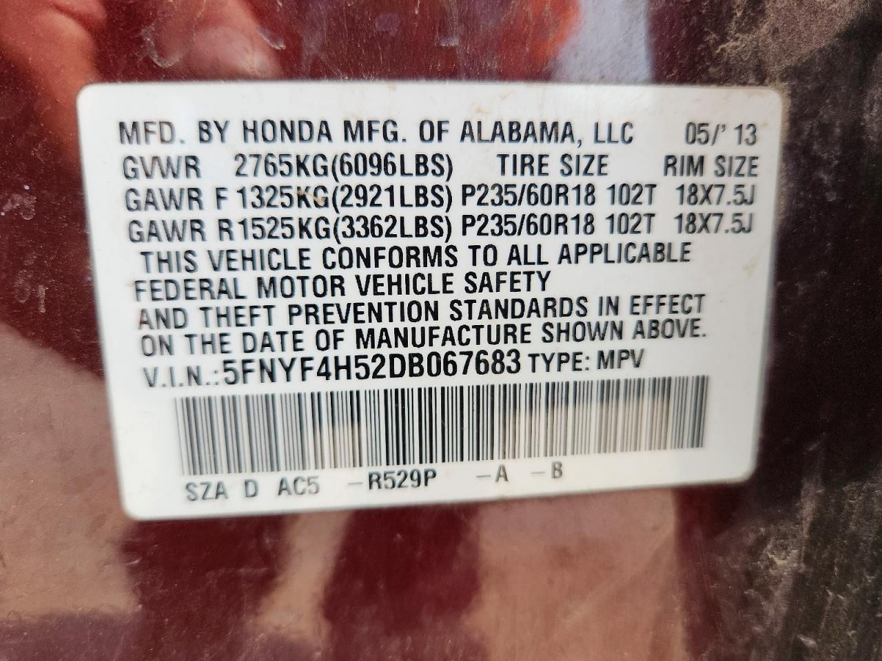 2013 Honda Pilot Exl Burgundy vin: 5FNYF4H52DB067683