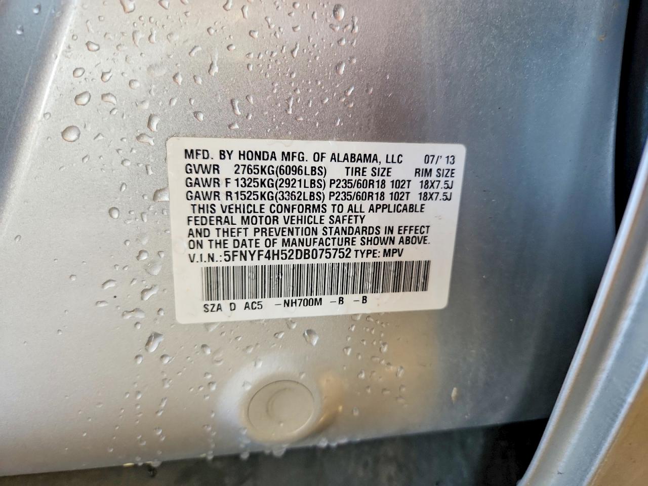 2013 Honda Pilot Exl Серый vin: 5FNYF4H52DB075752