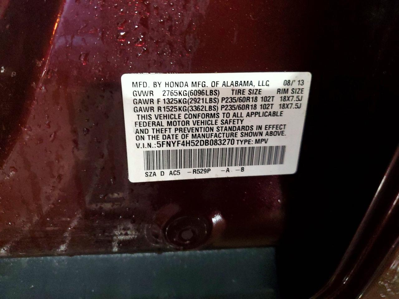 2013 Honda Pilot Exl Burgundy vin: 5FNYF4H52DB083270