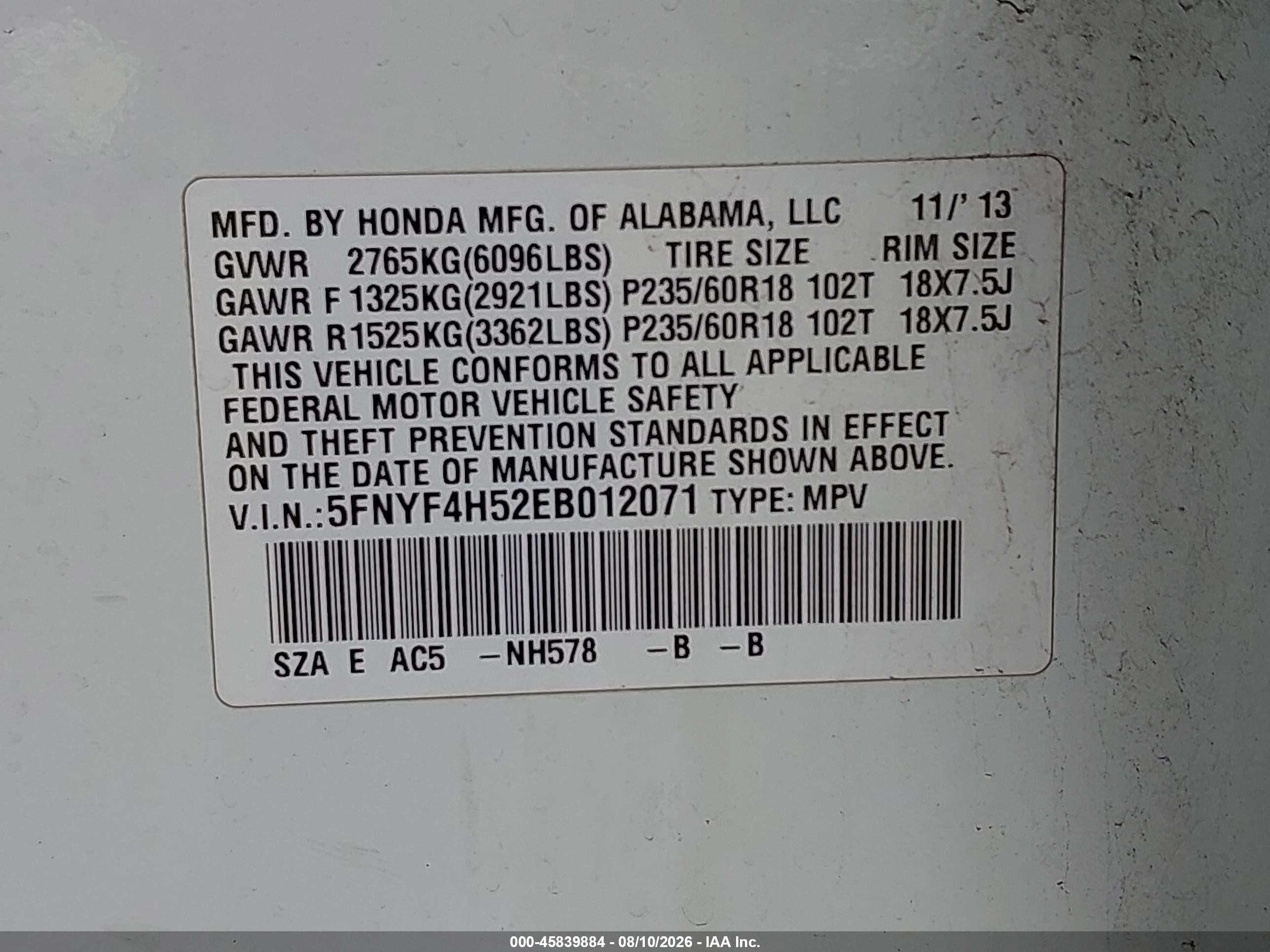 2014 Honda Pilot Ex-l White vin: 5FNYF4H52EB012071