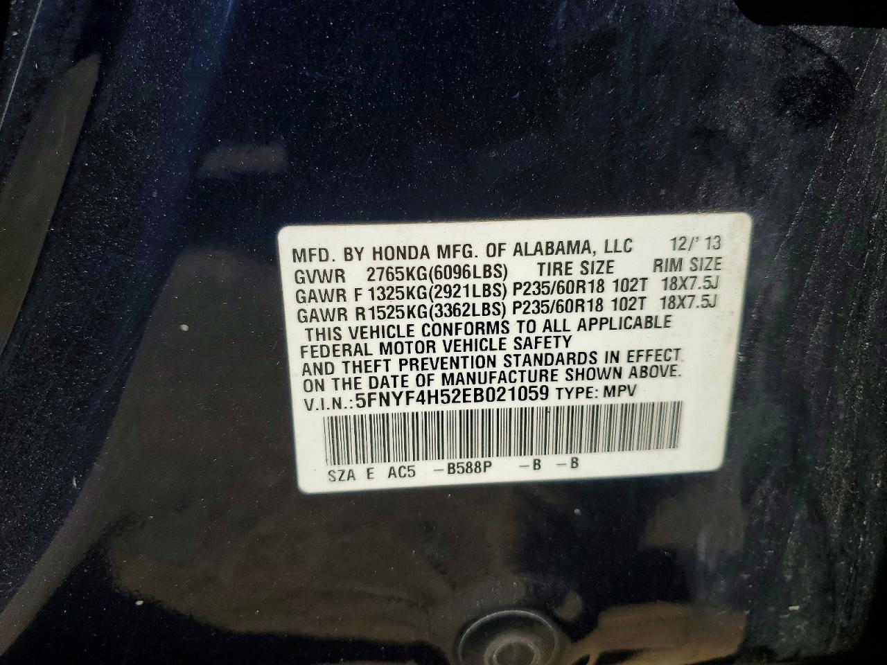 2014 Honda Pilot Exl Blue vin: 5FNYF4H52EB021059