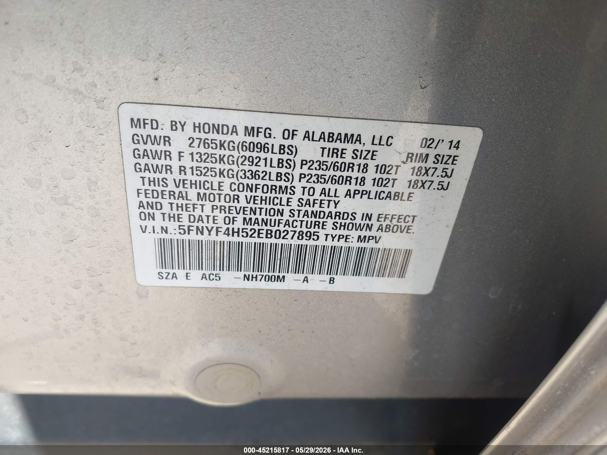 2014 Honda Pilot Ex-l Silver vin: 5FNYF4H52EB027895